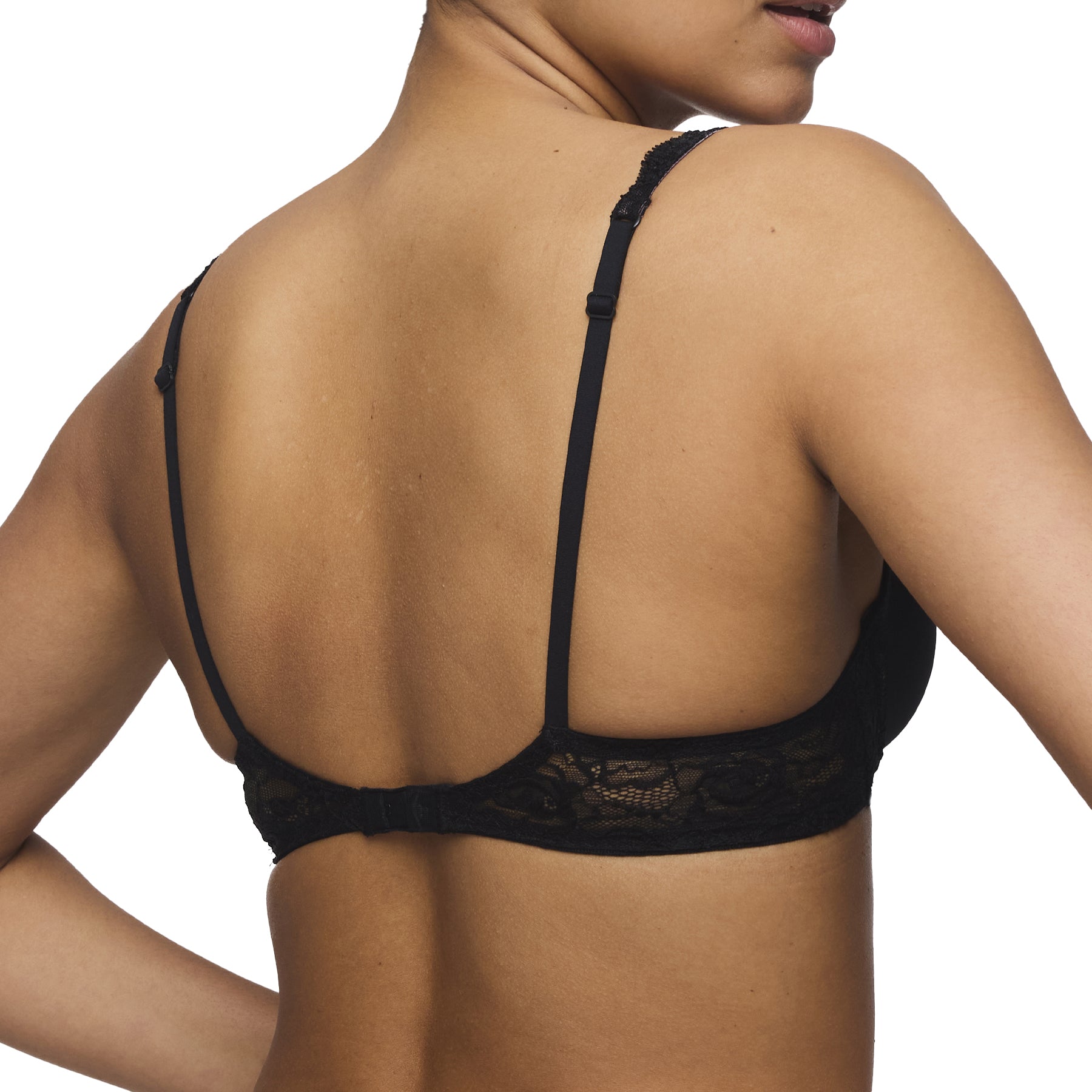 Back view of a black padded bra featuring adjustable straps and a lace back band with hook-and-eye closure.