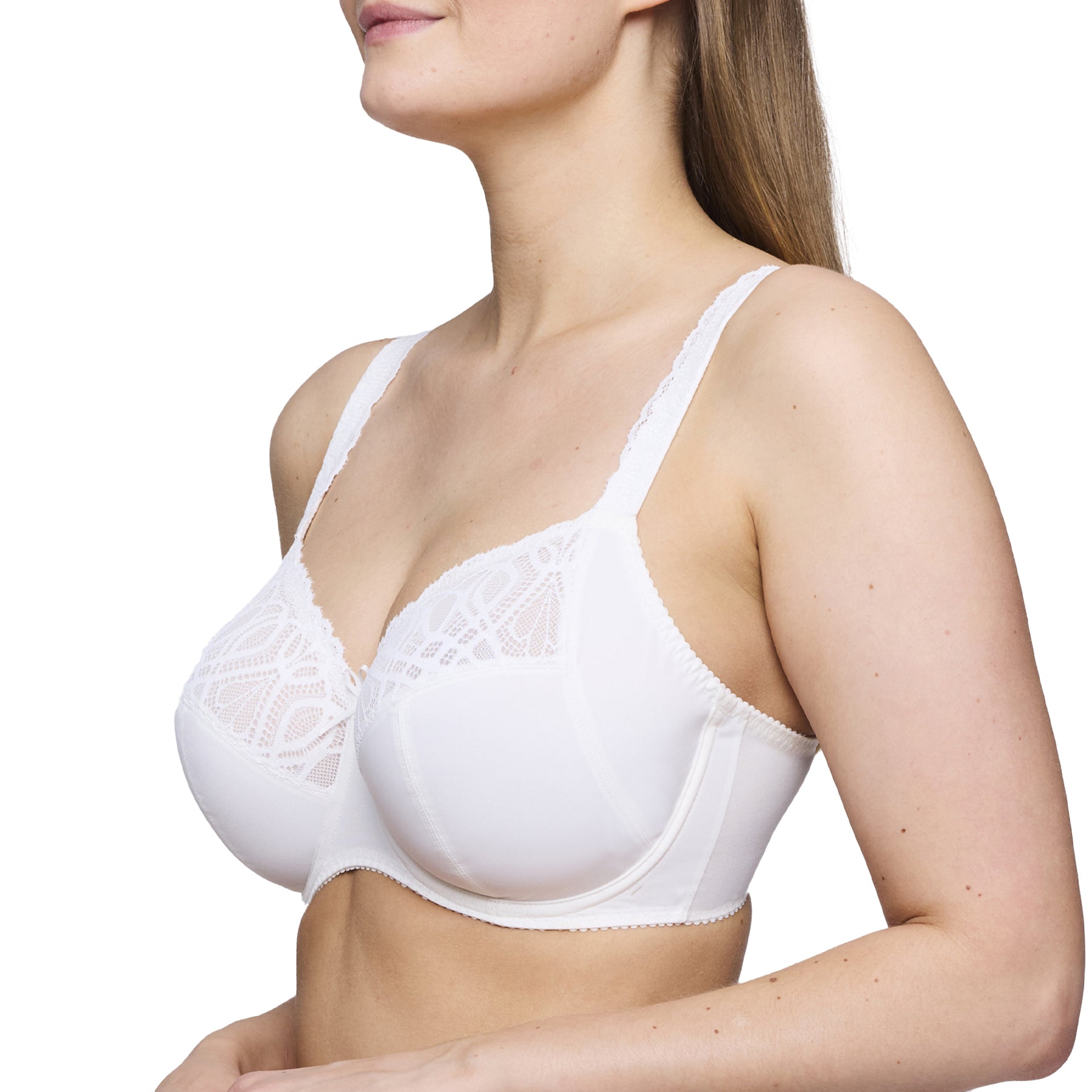 Side profile view of the white lace bra worn by a model.
