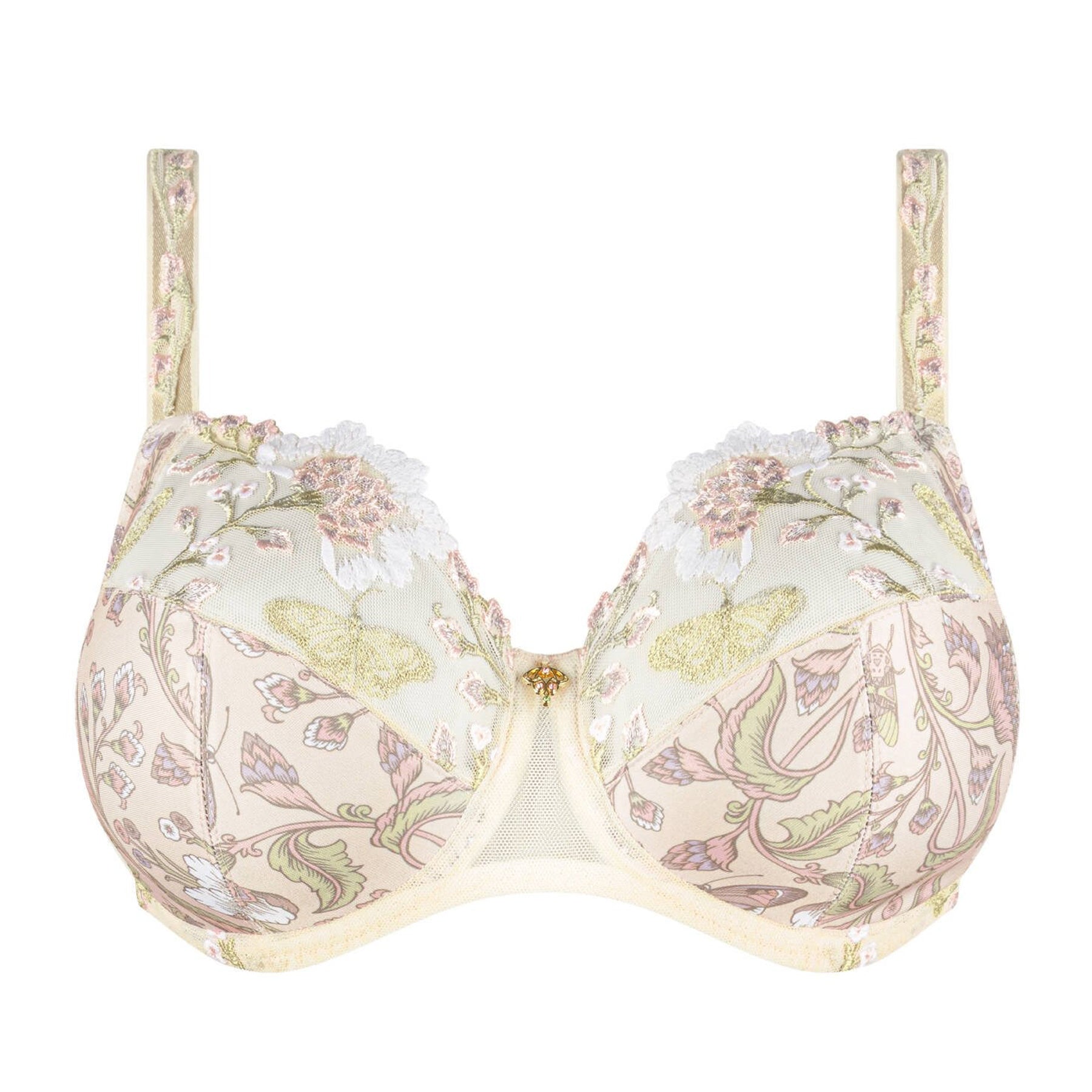 Studio product image of the full cup embroidered bra in soft cream with intricate pastel embroidery and dual adjustable straps.