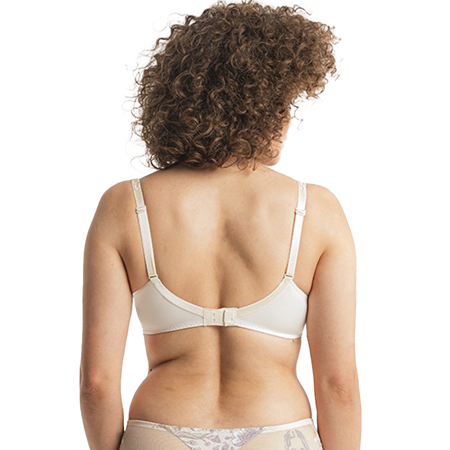 Rear view of the bra worn by a model, showing a smooth back band with hook-and-eye closure and adjustable straps.