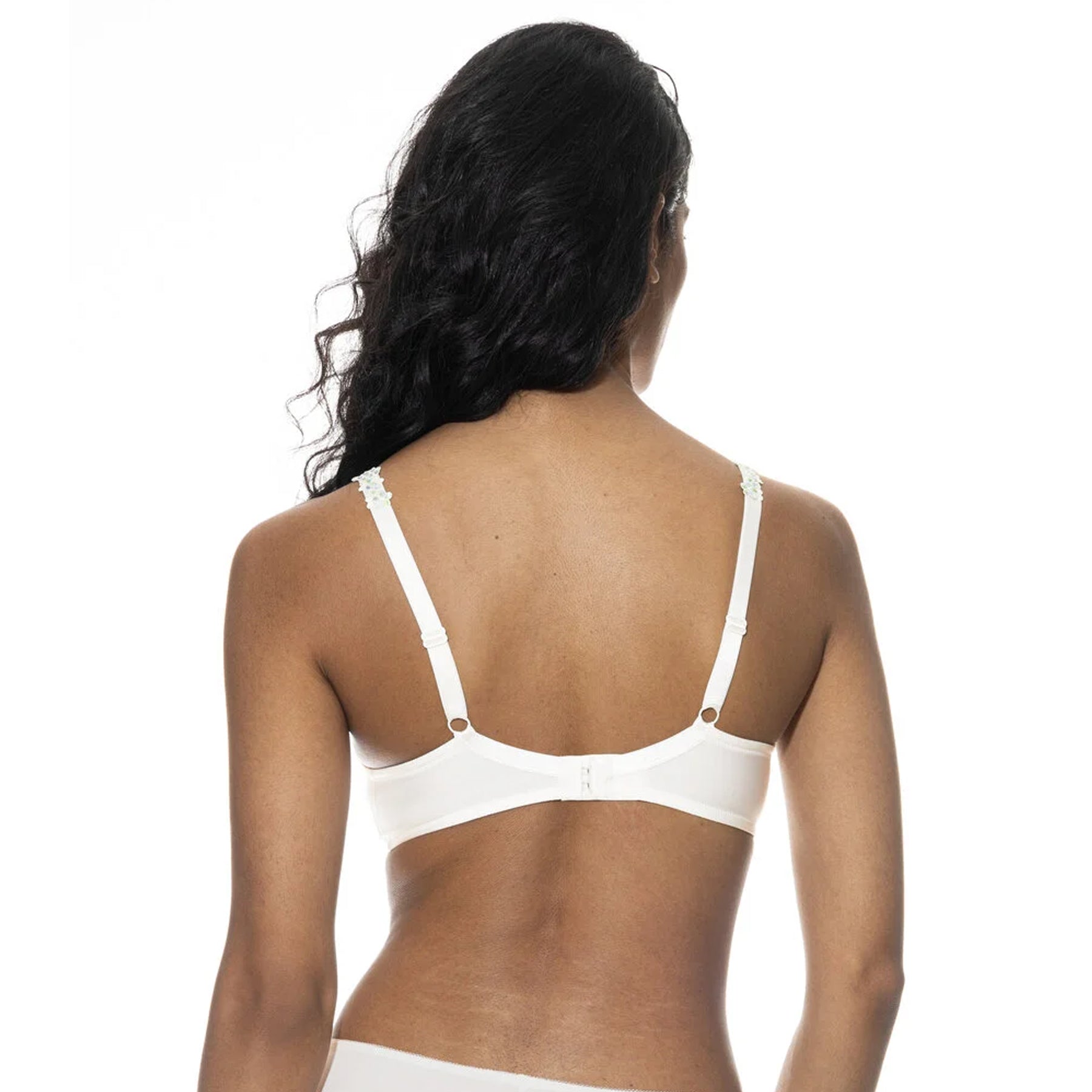 Back view of the bra showing smooth back band and adjustable straps.