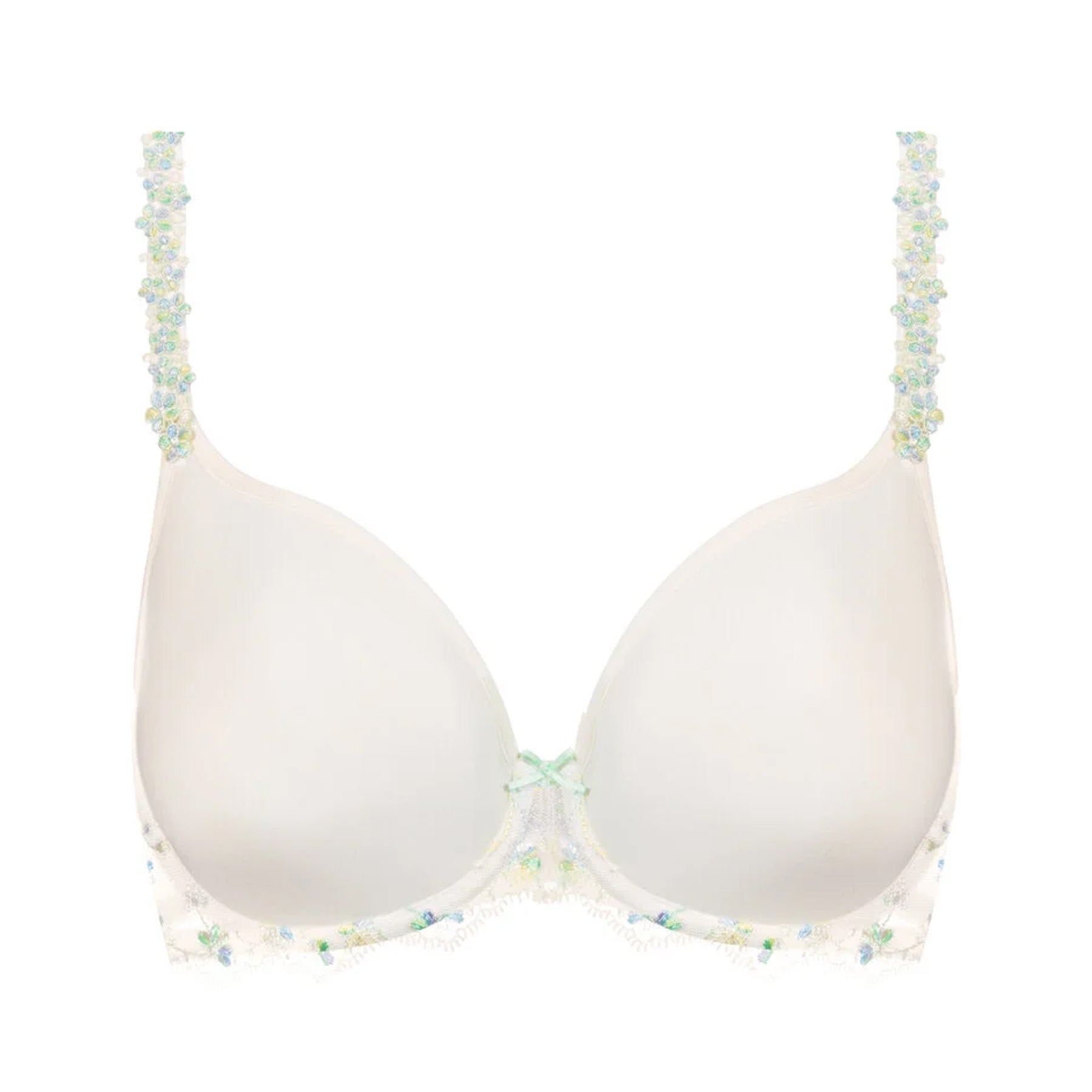 Product shot of the white bra with molded cups and floral embroidered details on straps and underband, displayed on a plain background.