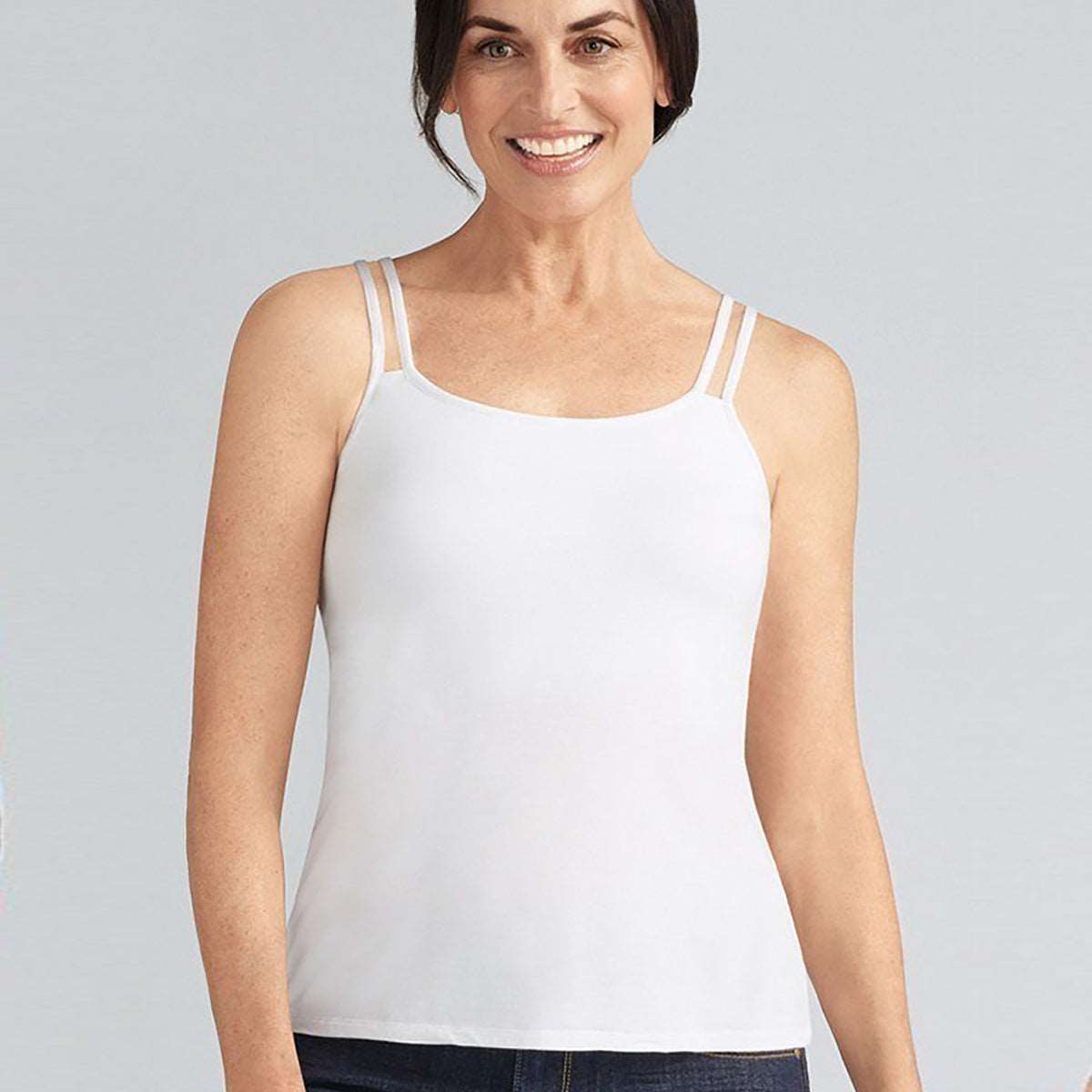 Amoena Valletta cami in White shelf bra built-in bra mastectomy clothing lingerie canada linea intima toronto valetta tank