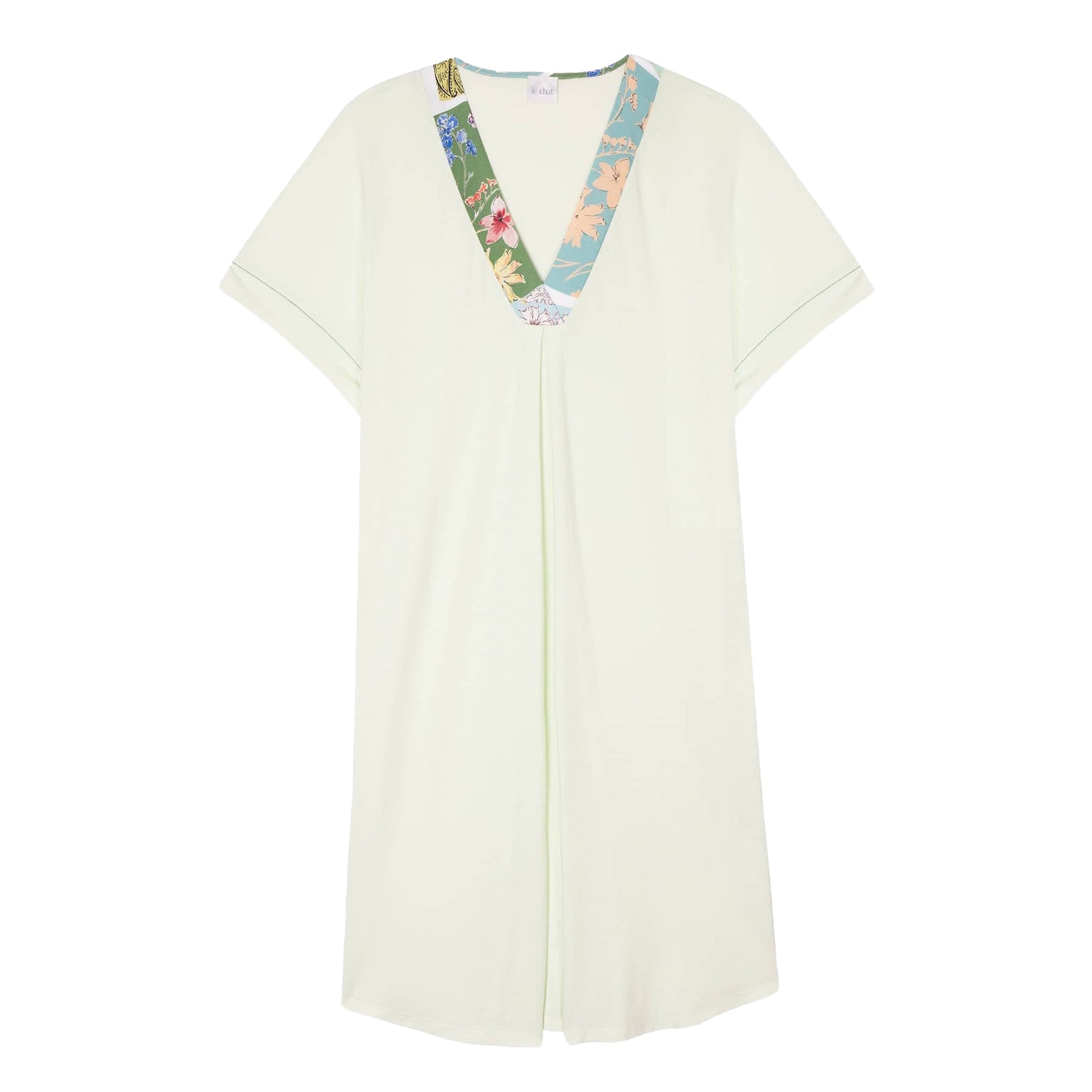 Flat lay image of a light green nightgown with short sleeves and a multicolor floral patchwork V-neck trim.