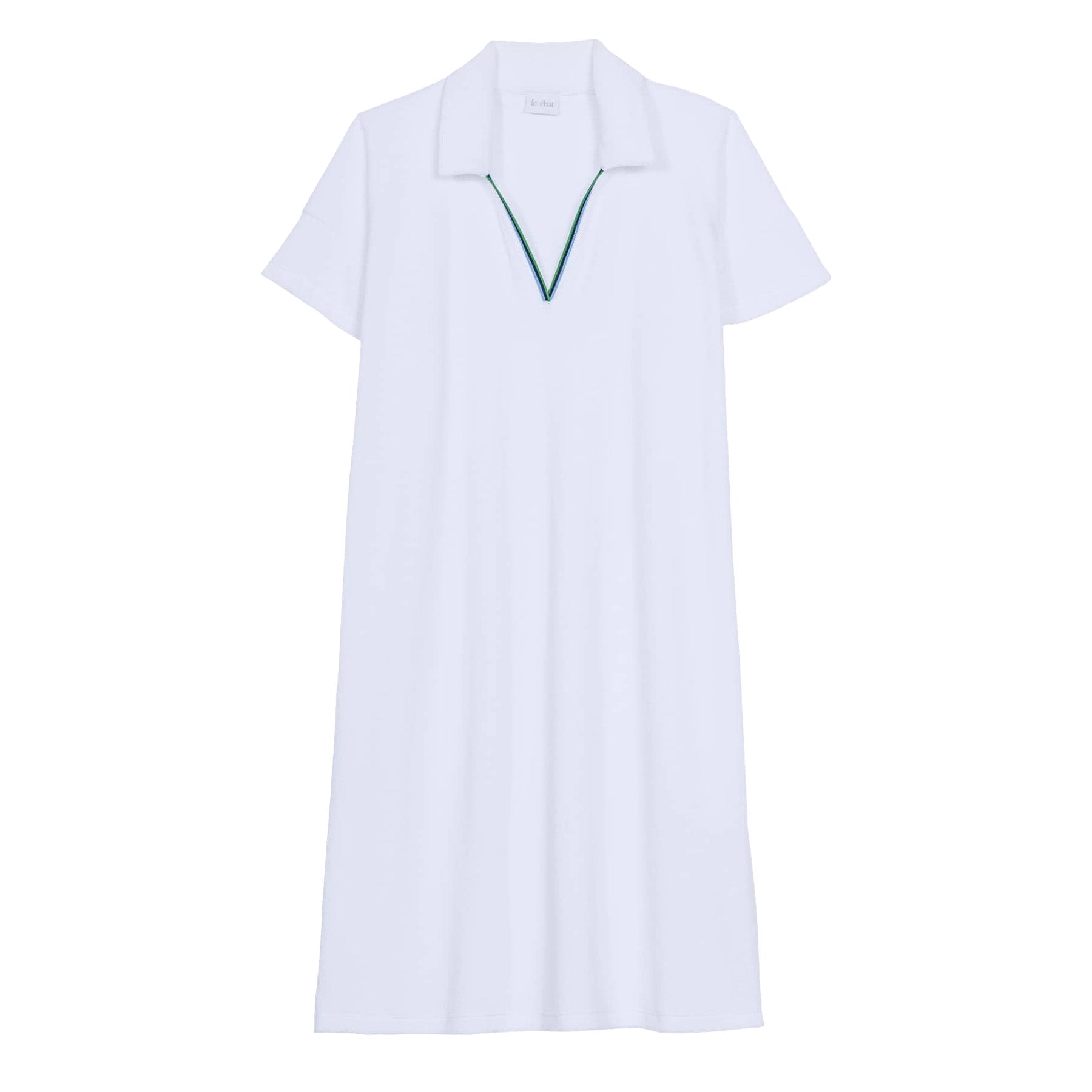 Flat lay of a white short-sleeve terry polo dress with green-trimmed v-neck, longer version displayed on white background.