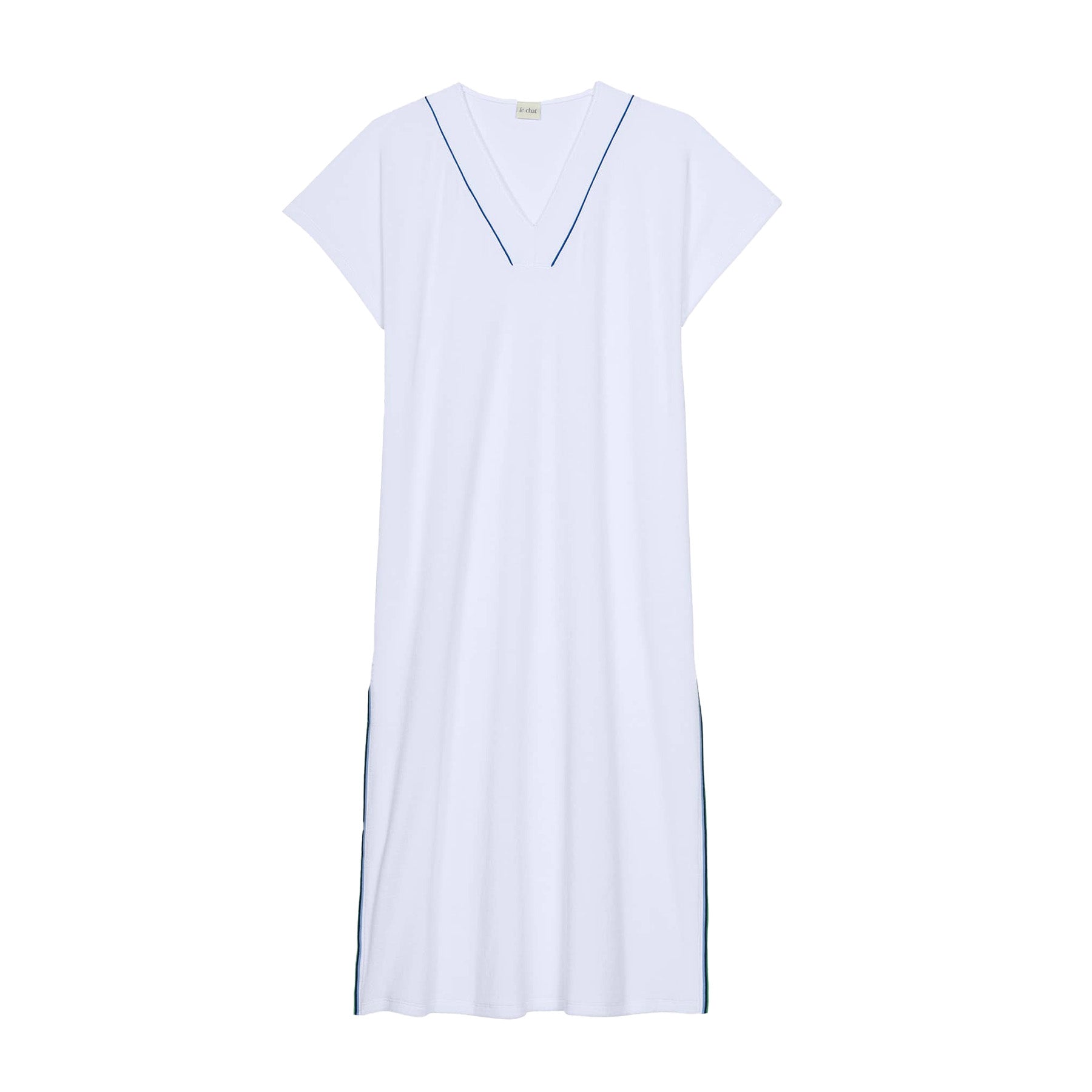 Flat lay of a white short-sleeve midi terry dress with V-neck and contrast piping detail on collar and sides.