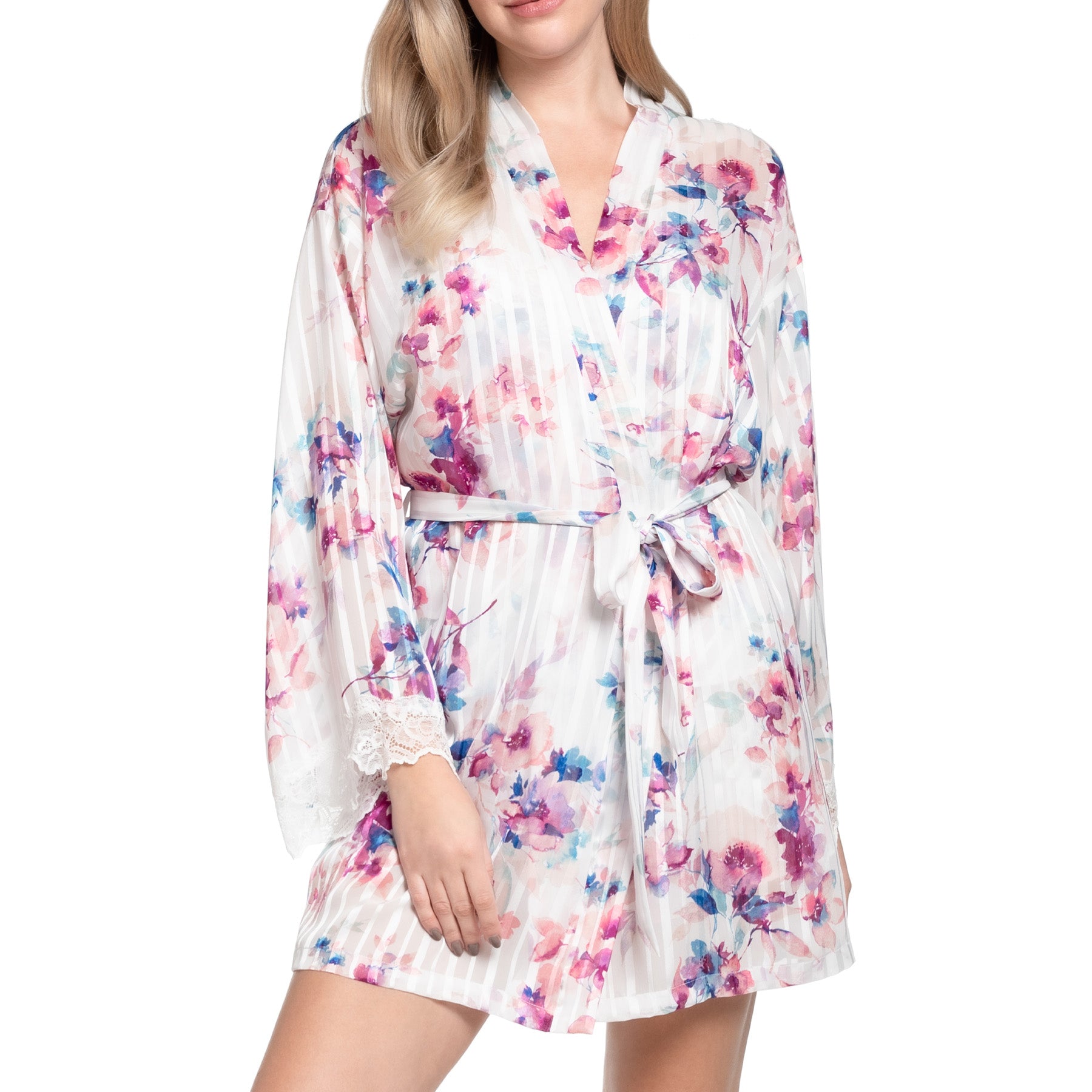 Front view of a woman wearing a short floral robe with a tie belt, sheer vertical stripe texture, and flared sleeves trimmed with lace.