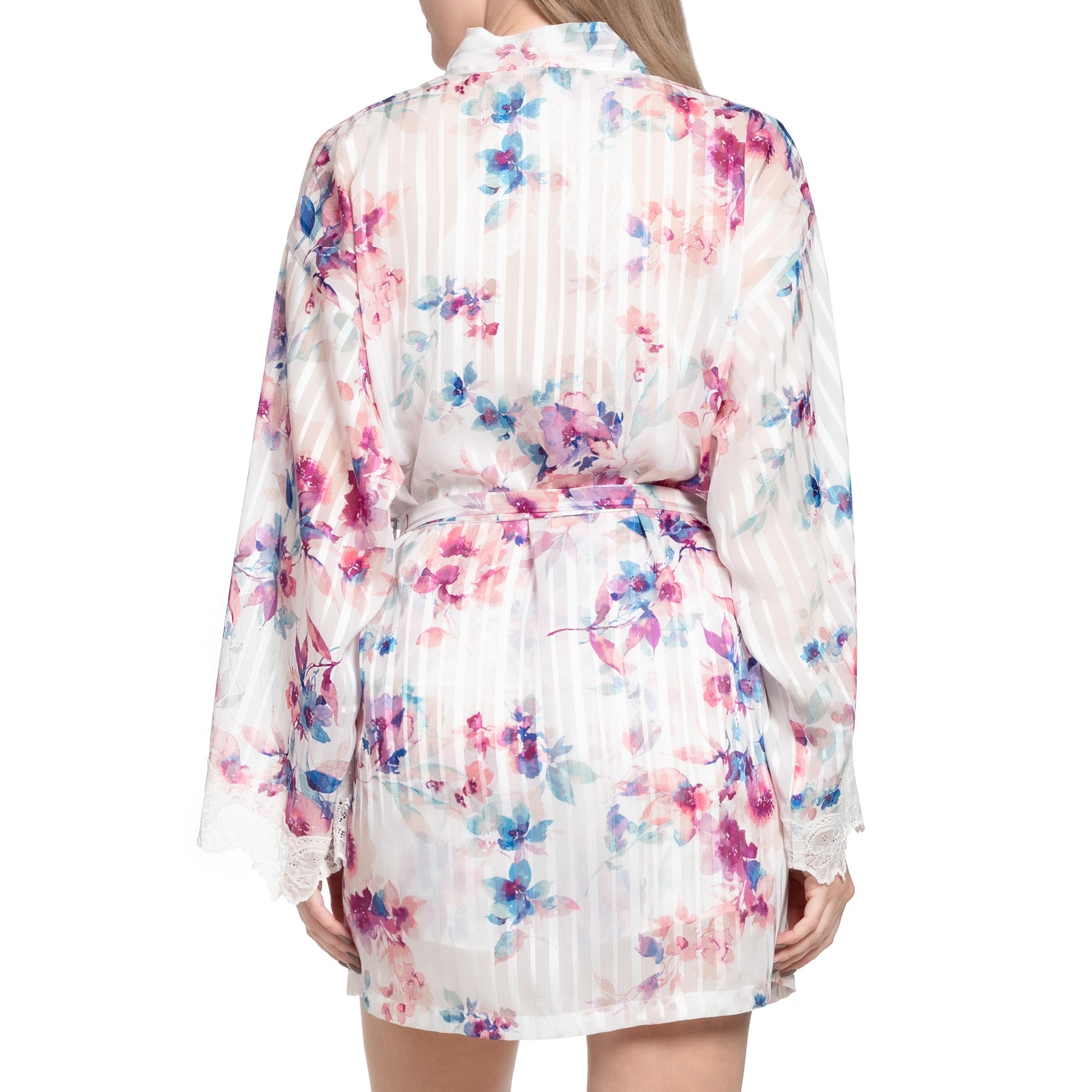 Back view of the robe highlighting the allover watercolor floral print in pink, purple, and blue on semi-sheer white fabric with a satin waist tie.