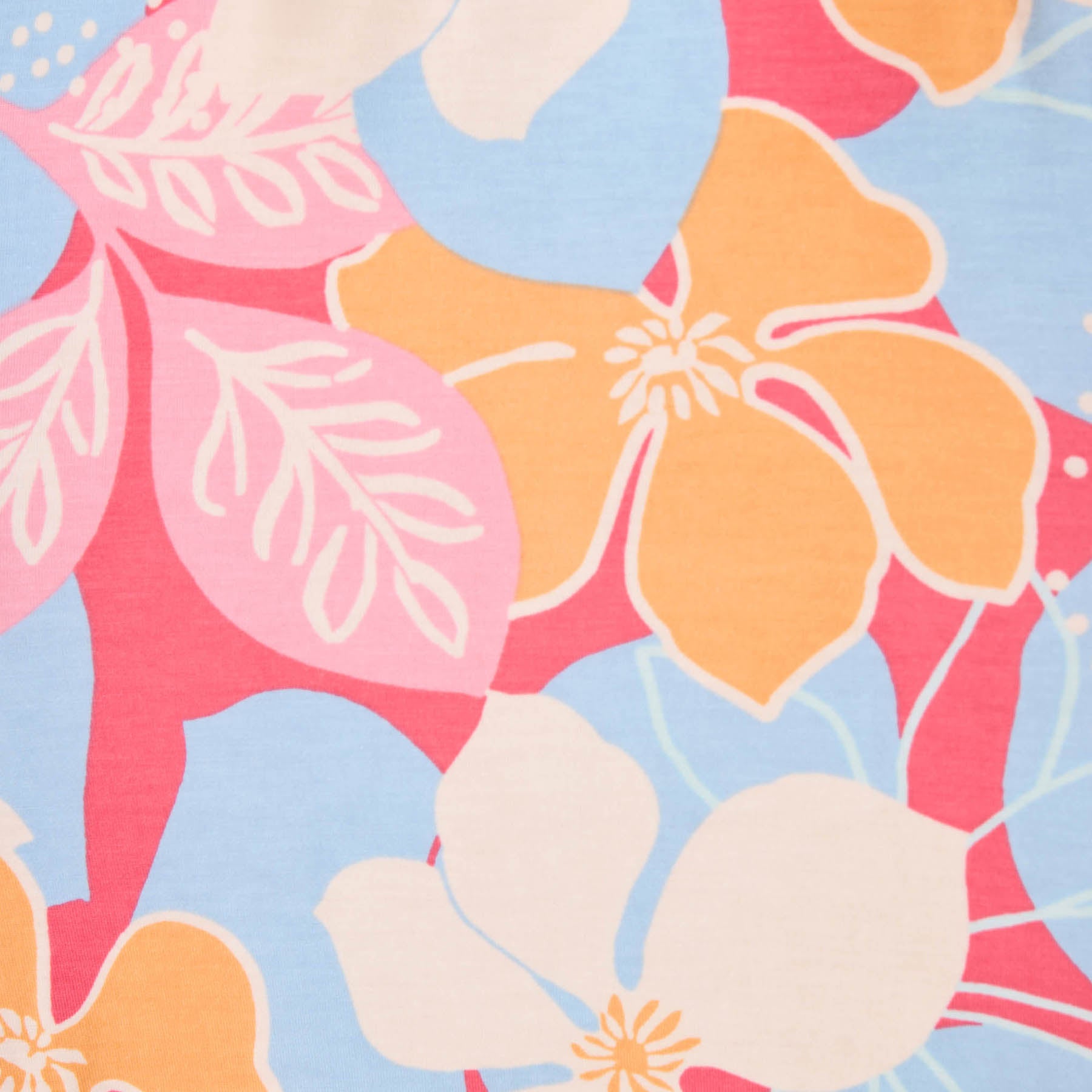 Close-up of a vibrant floral robe fabric in blue, coral, orange, and white tones, featuring large tropical flowers.