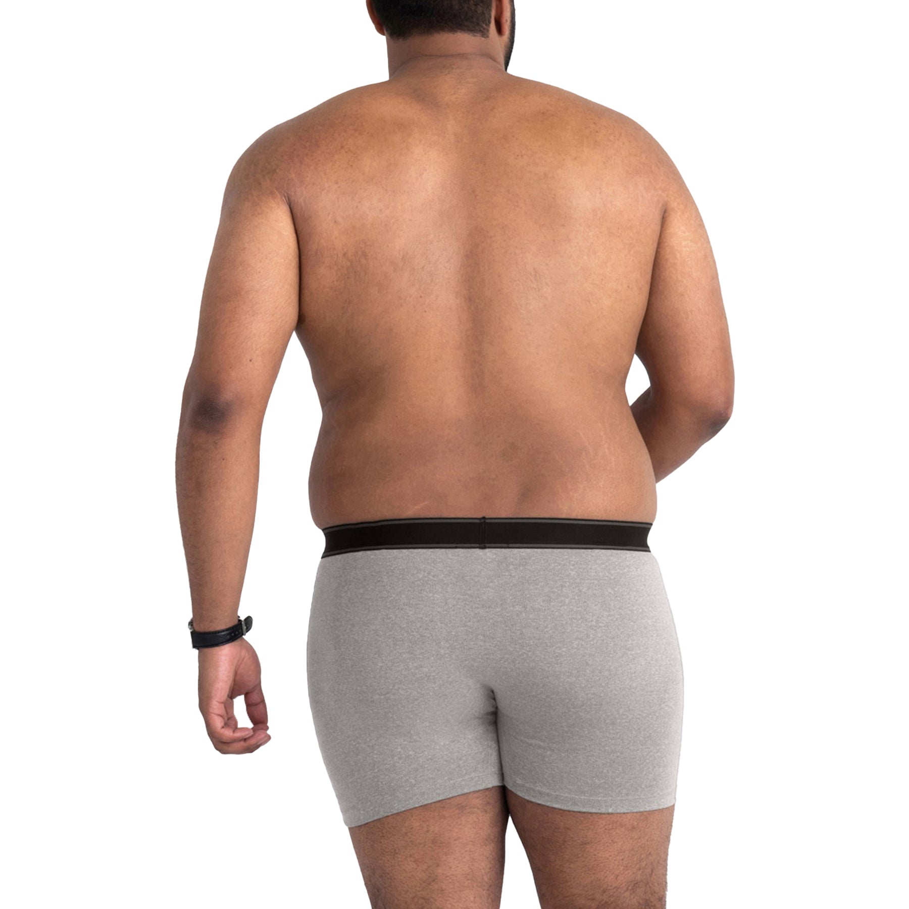 Back view of model wearing SAXX Daytripper boxer briefs in grey heather - comfortable and supportive everyday fit.