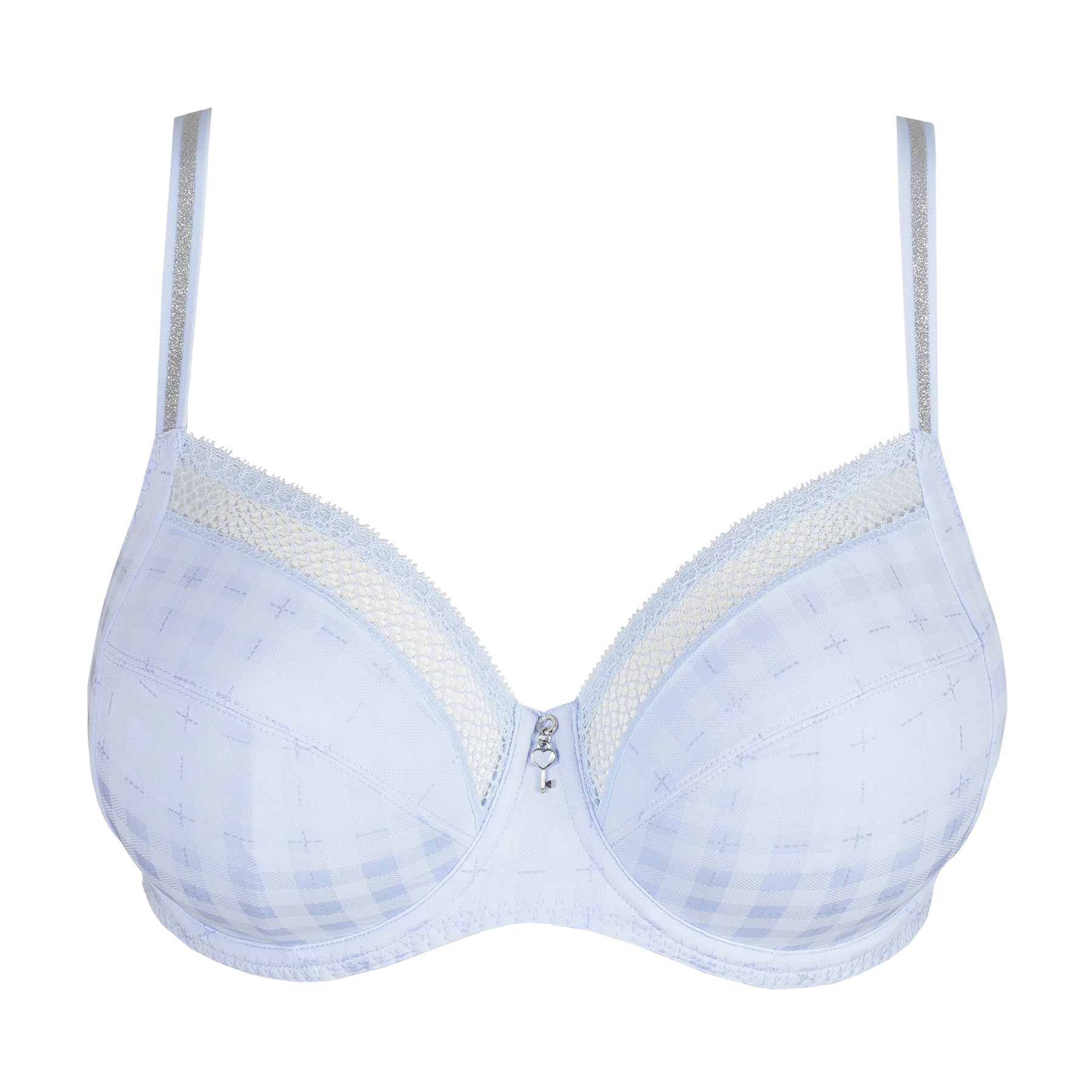 Twist Chikone full cup bra in Heaven Blue with underwire support, mesh lace top, and keyhole charm at center front.