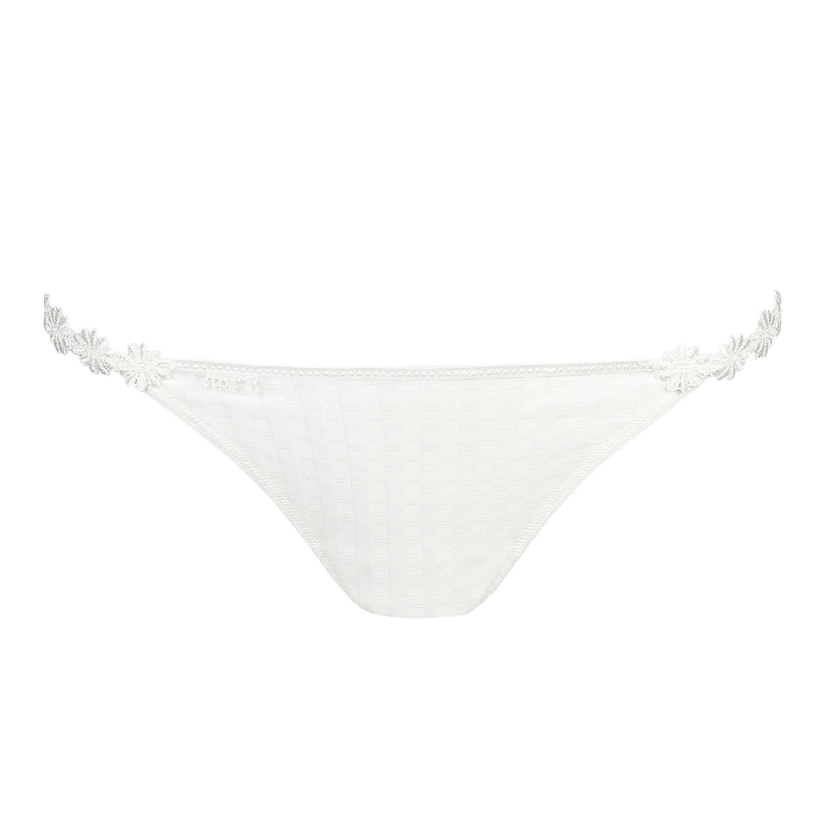 Low rise bikini panty in natural ivory with embroidered daisy string at hips. Front view without model.
