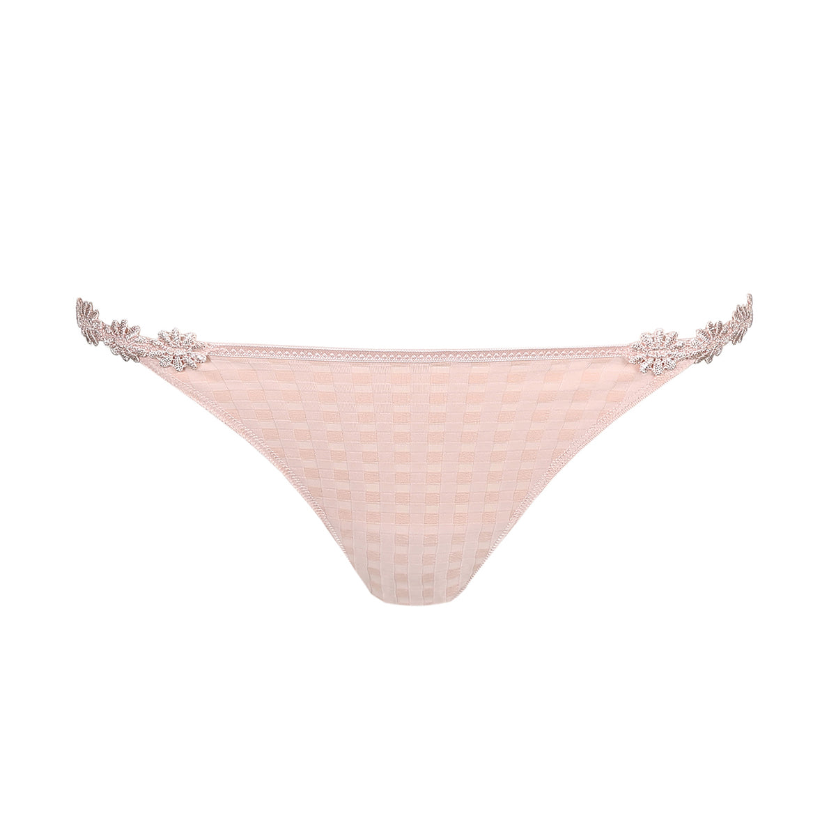 Low rise bikini panty in pearly pink with embroidered daisy string at hips. Front view without model.