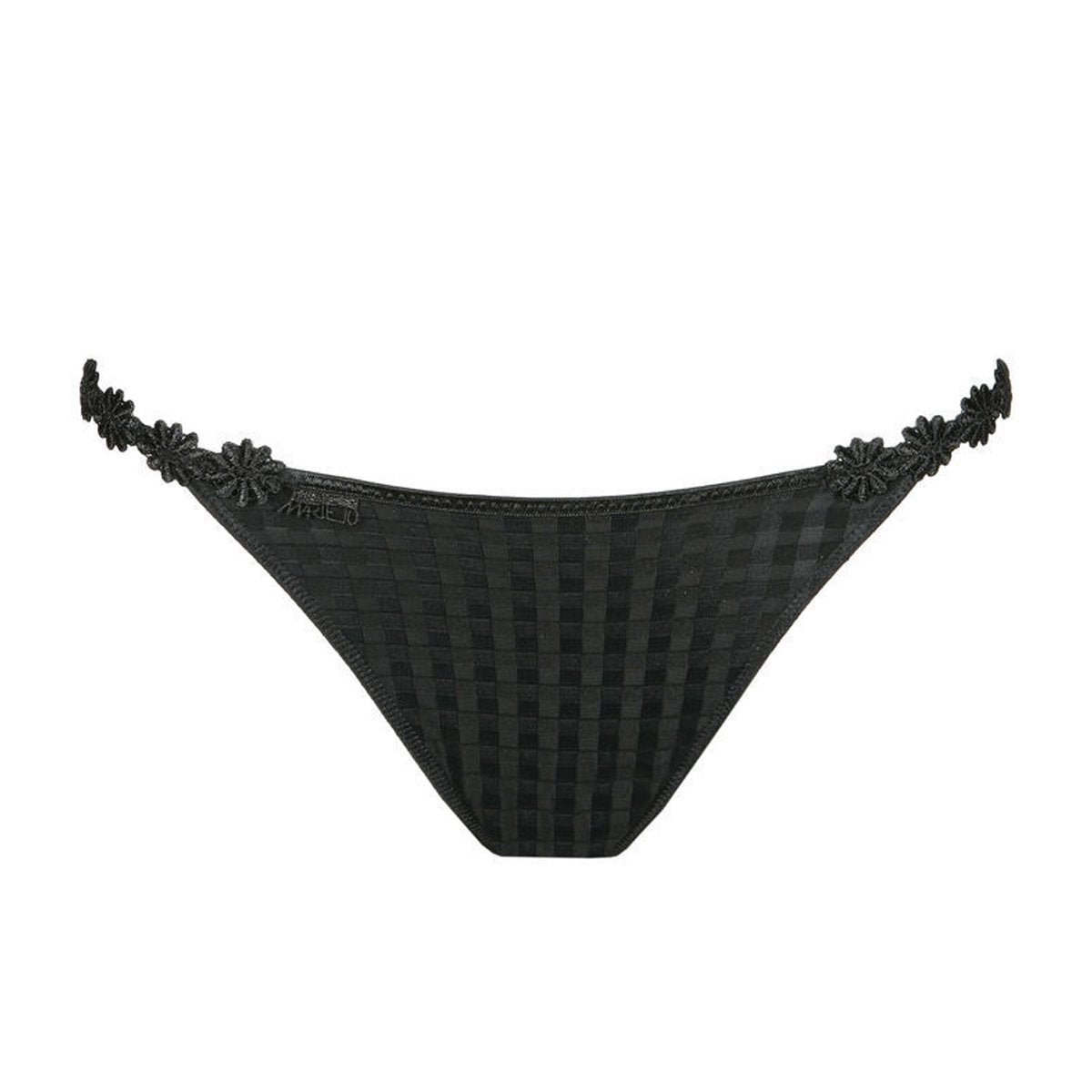 Low rise bikini panty in black with embroidered daisy string at hips. Front view without model.