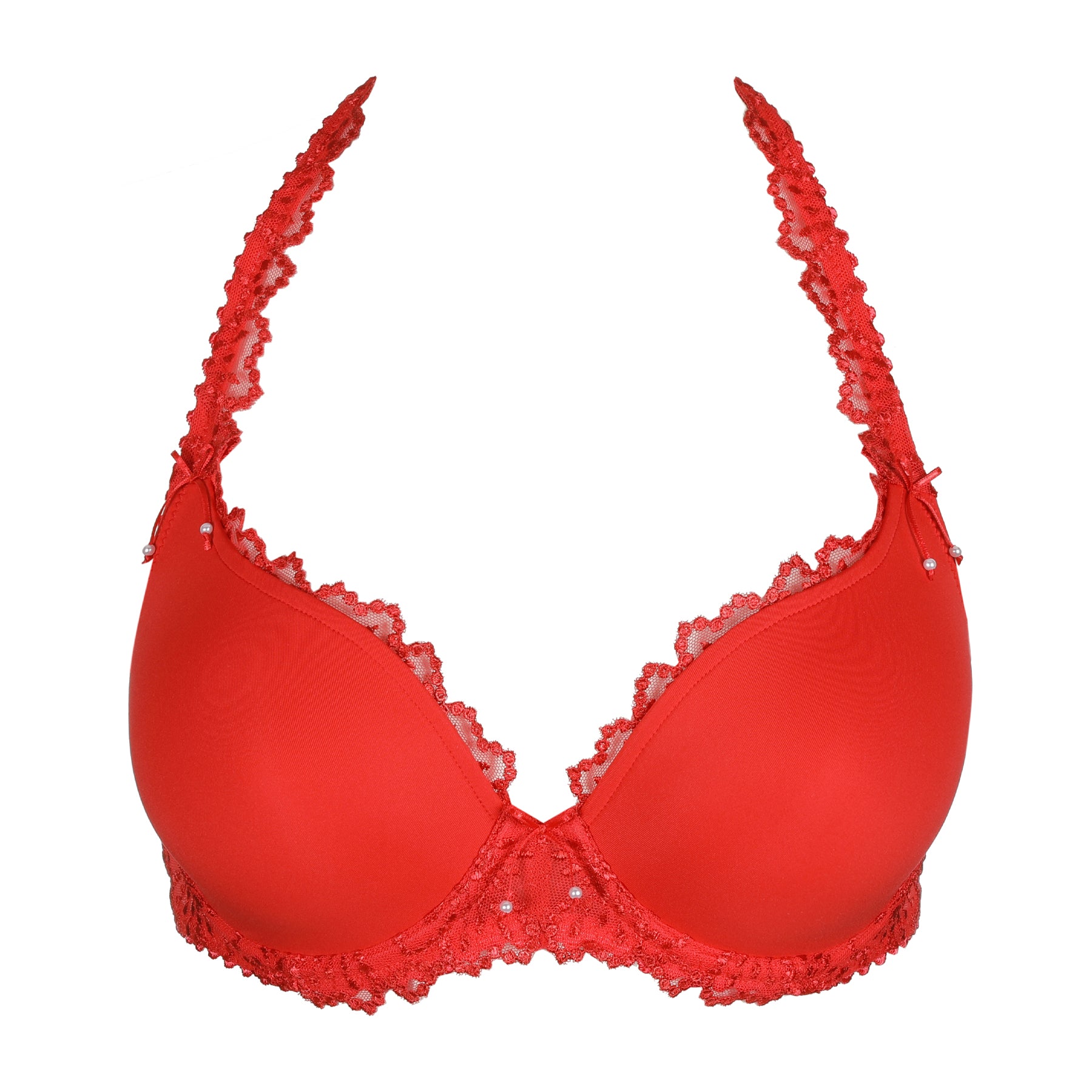 Back view of red lace halter bra with mesh band and hook-and-eye closure.