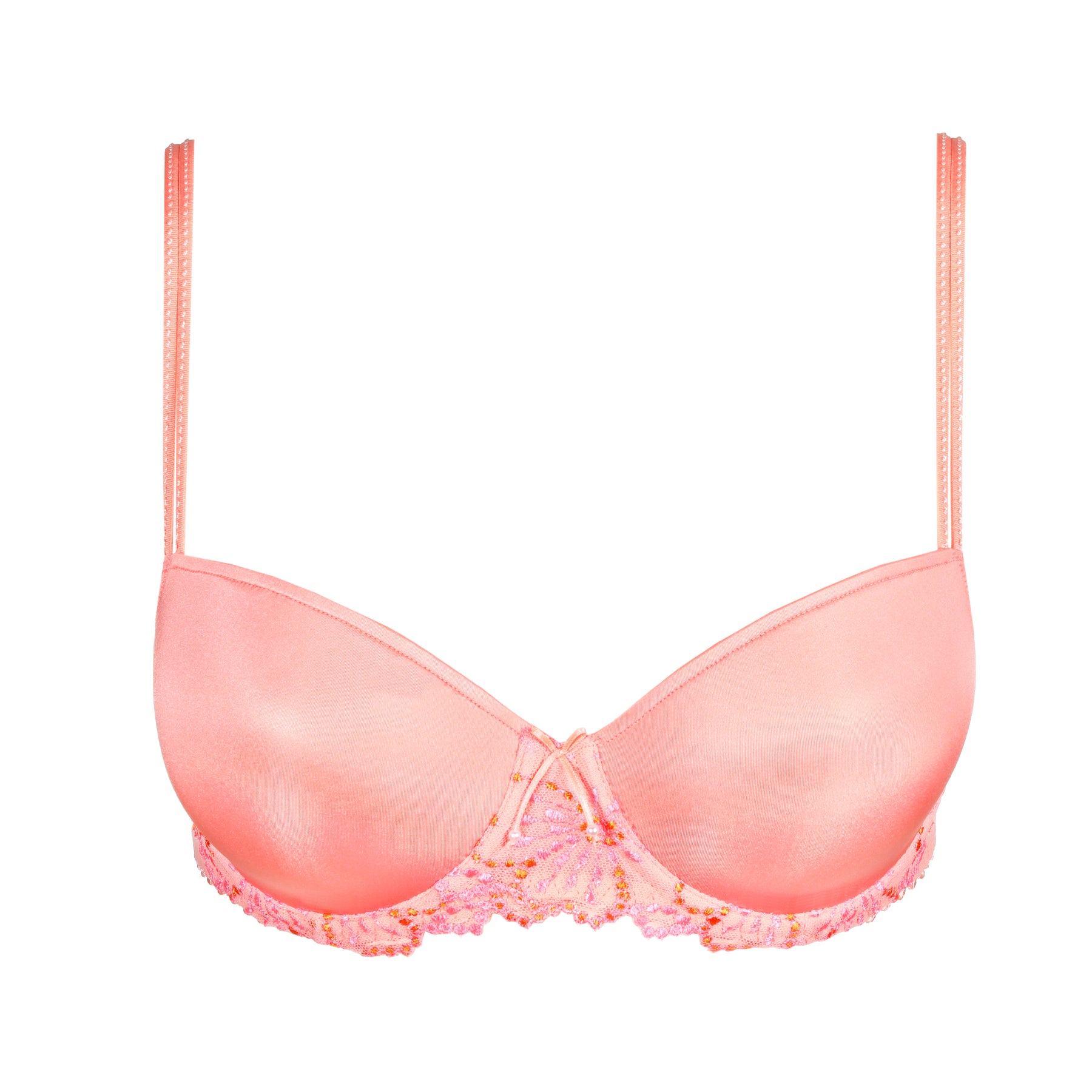 A padded balcony bra with comfortable cups and a horizontal cut. Cheerful mix of orange and pink.