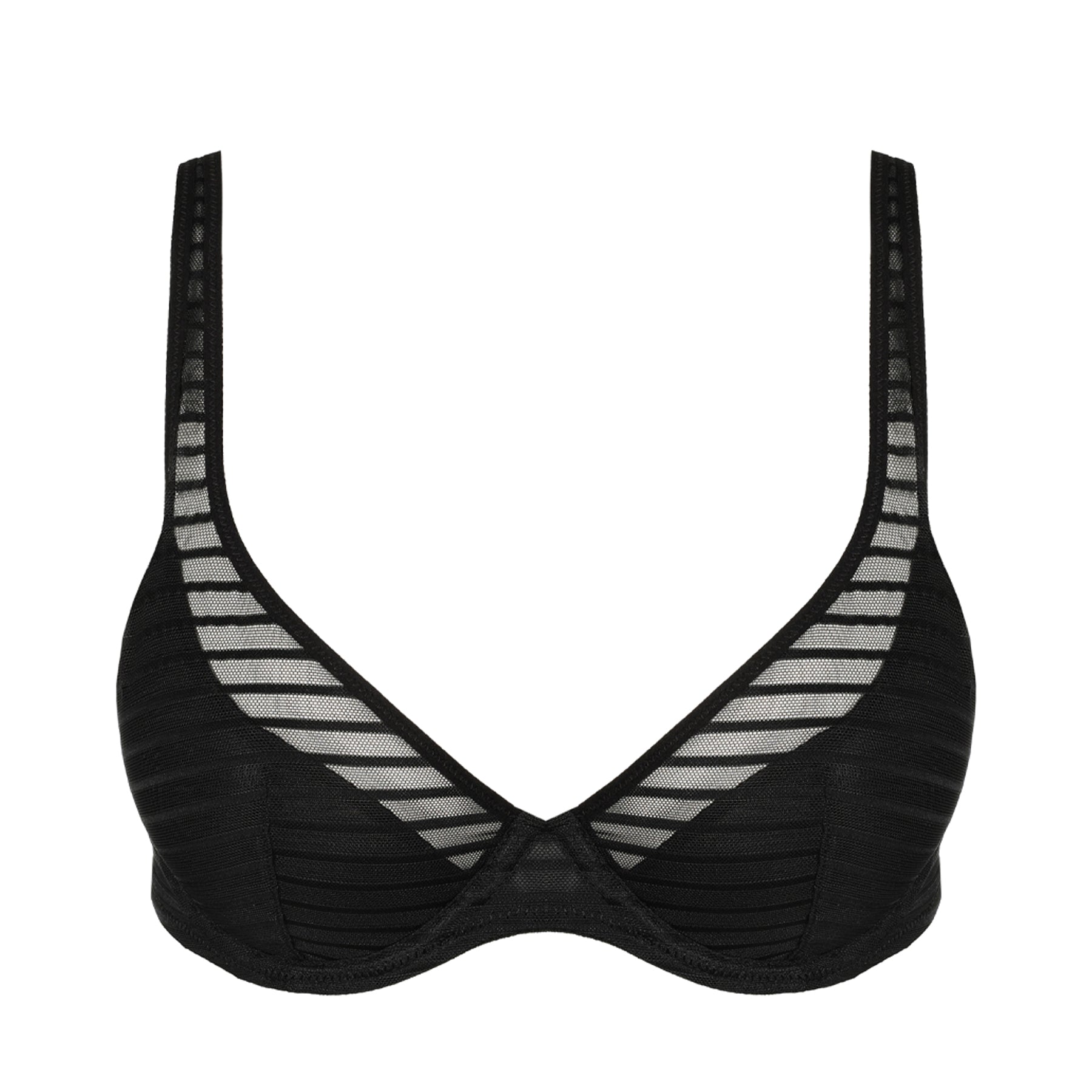 Black half-padded bra with sheer striped accents, combining elegance and lightweight comfort.