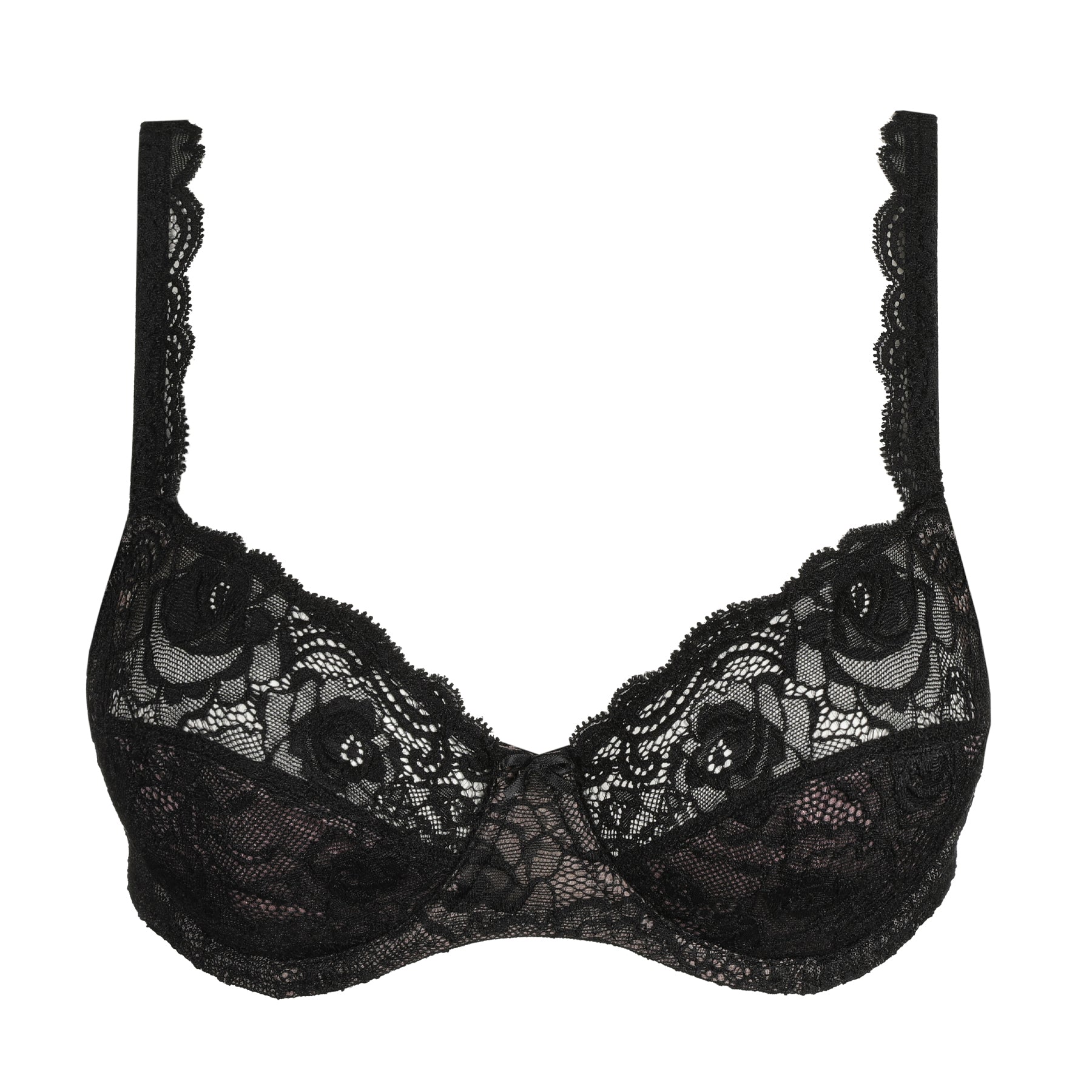 Flat studio shot of a black full cup underwire bra with all-over floral lace and scalloped trim on cups and straps.