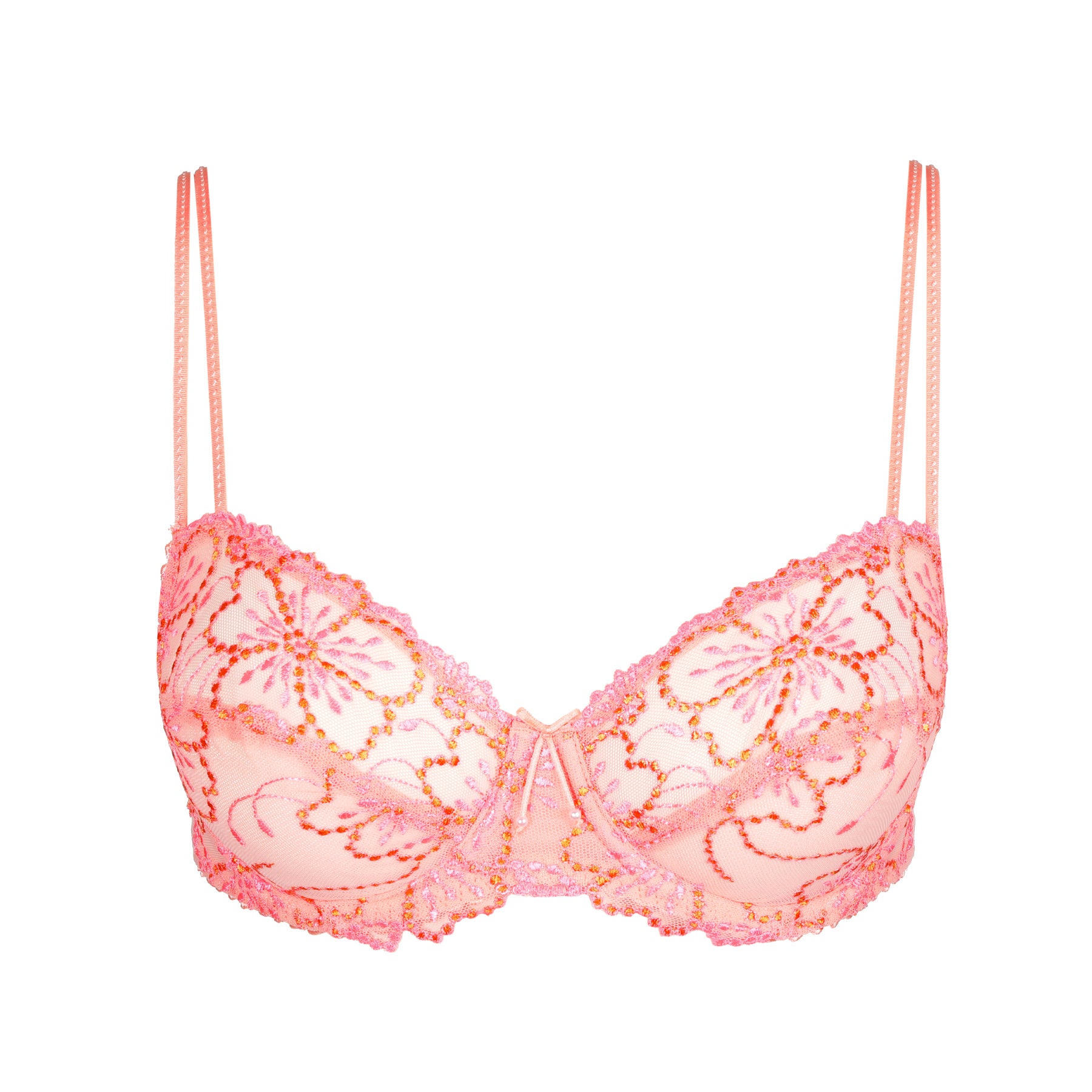 Non-padded balcony bra with a horizontal seam and low-cut cups with a comfy double lining. Cheerful mix of orange and pink.