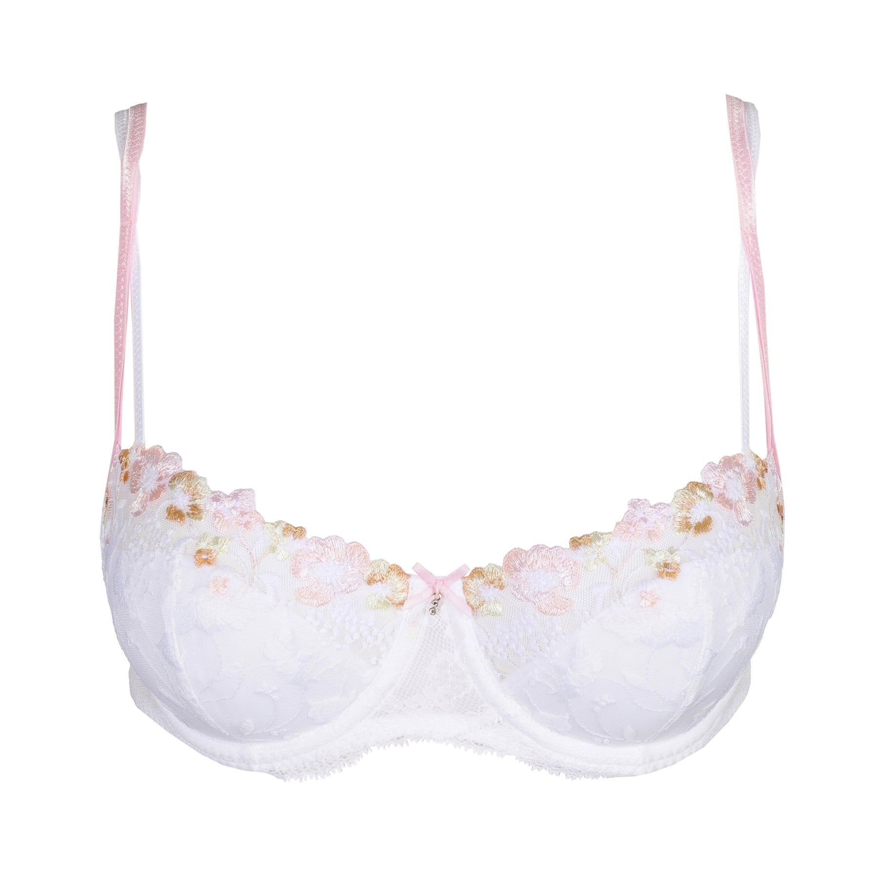 Flat-lay product image of a white balconette bra with intricate pastel floral embroidery and delicate lace detailing, featuring soft pink straps.