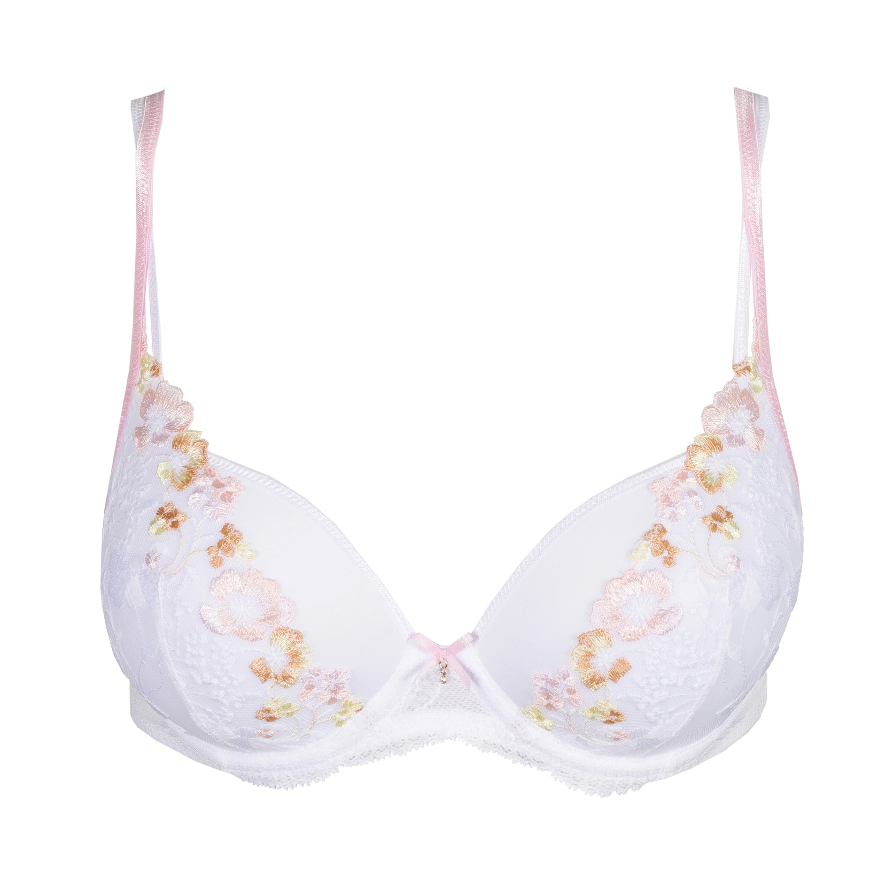 Flat-lay product image of a white plunge bra with pastel floral embroidery, delicate lace details, and soft pink straps.