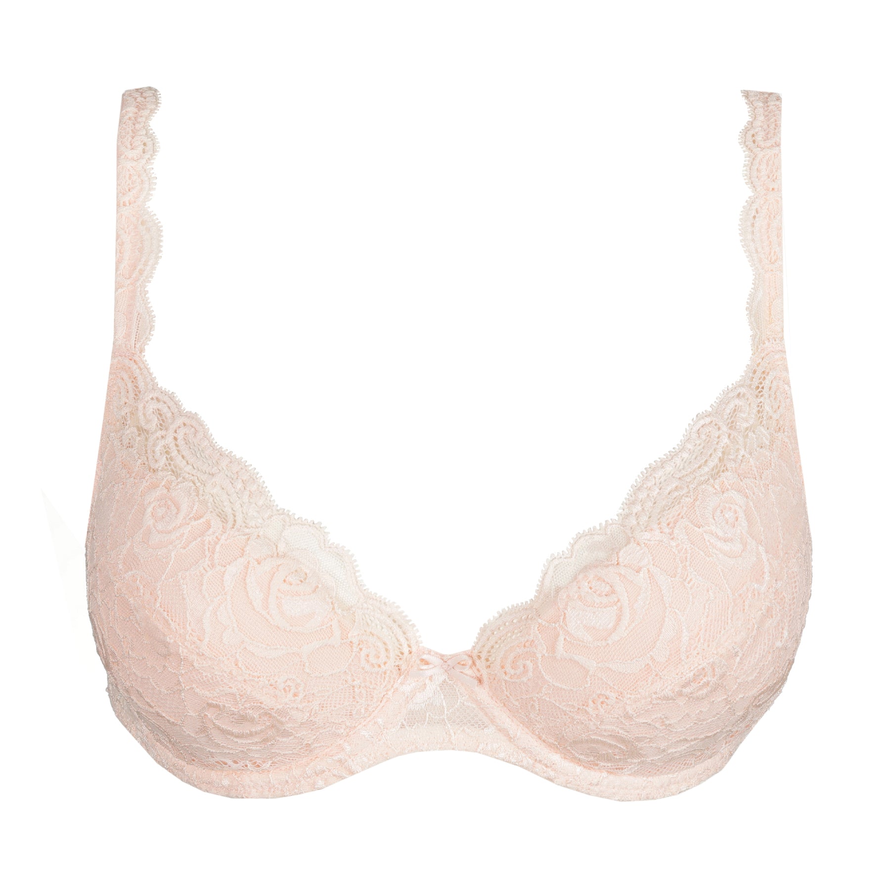 Studio shot of a blush pink lace underwire bra with full cups, scalloped trim, and floral embroidery.