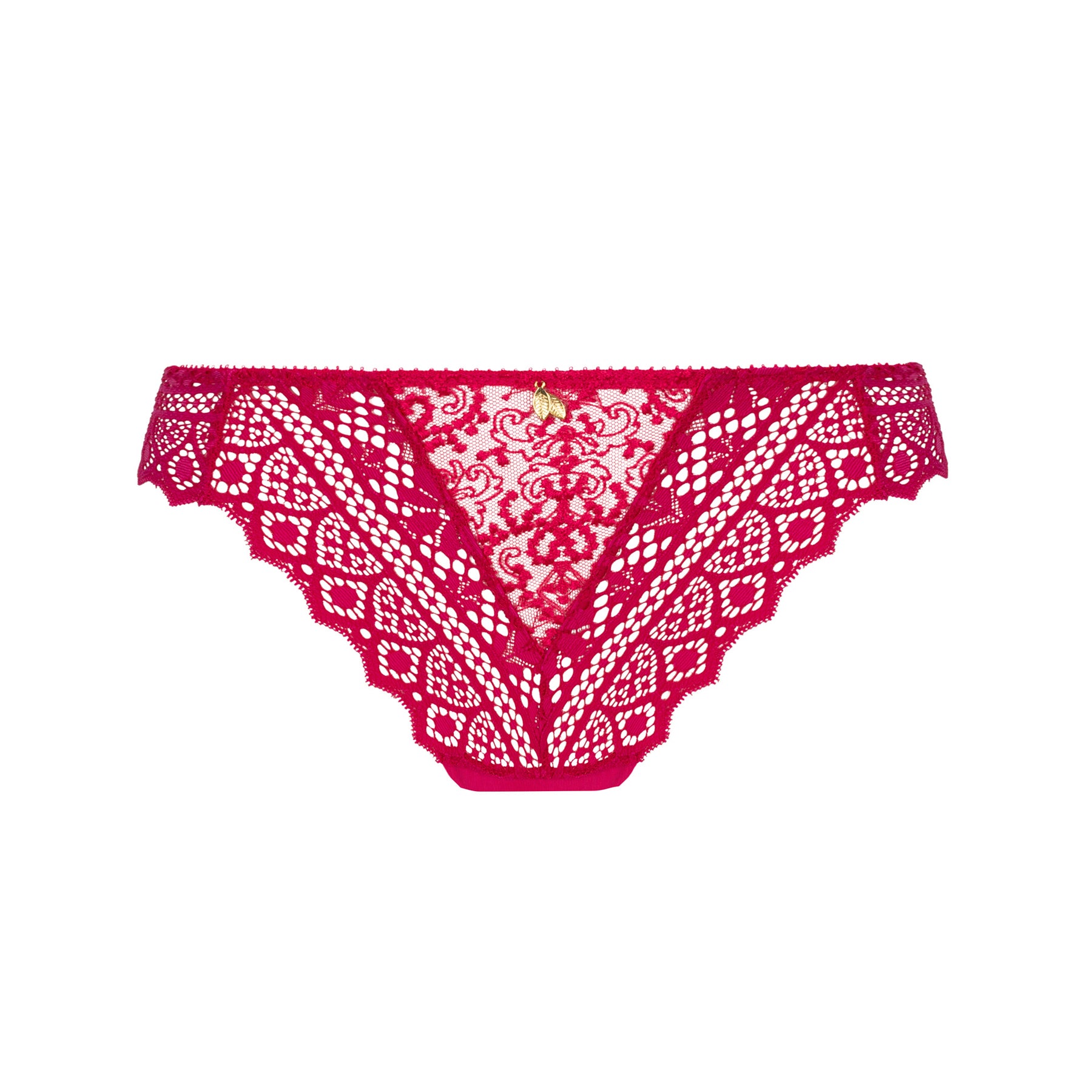 A vibrant red lace panty with an intricate crochet-inspired pattern and sheer embroidered paneling, finished with a delicate charm at the waistband.