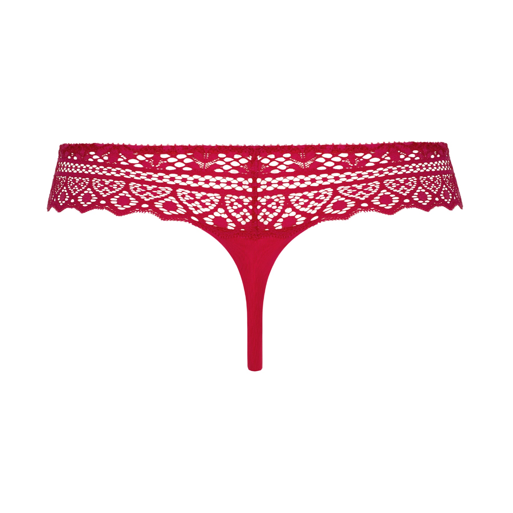 A flat-lay image of the red lace thong, featuring an open lace waistband with a delicate, scalloped pattern and minimal back coverage.