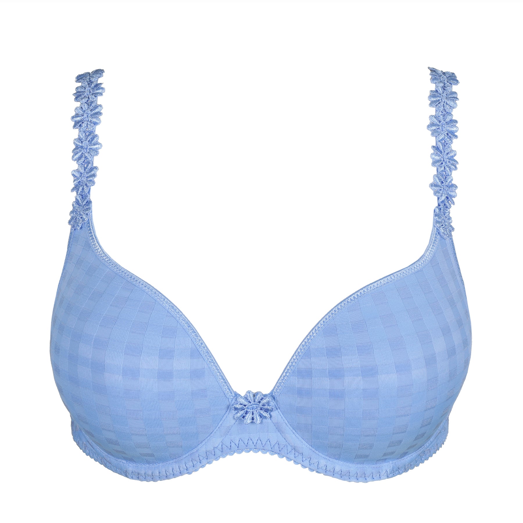 A flat layout of a blue checked bra on the white background with the embroidery. 