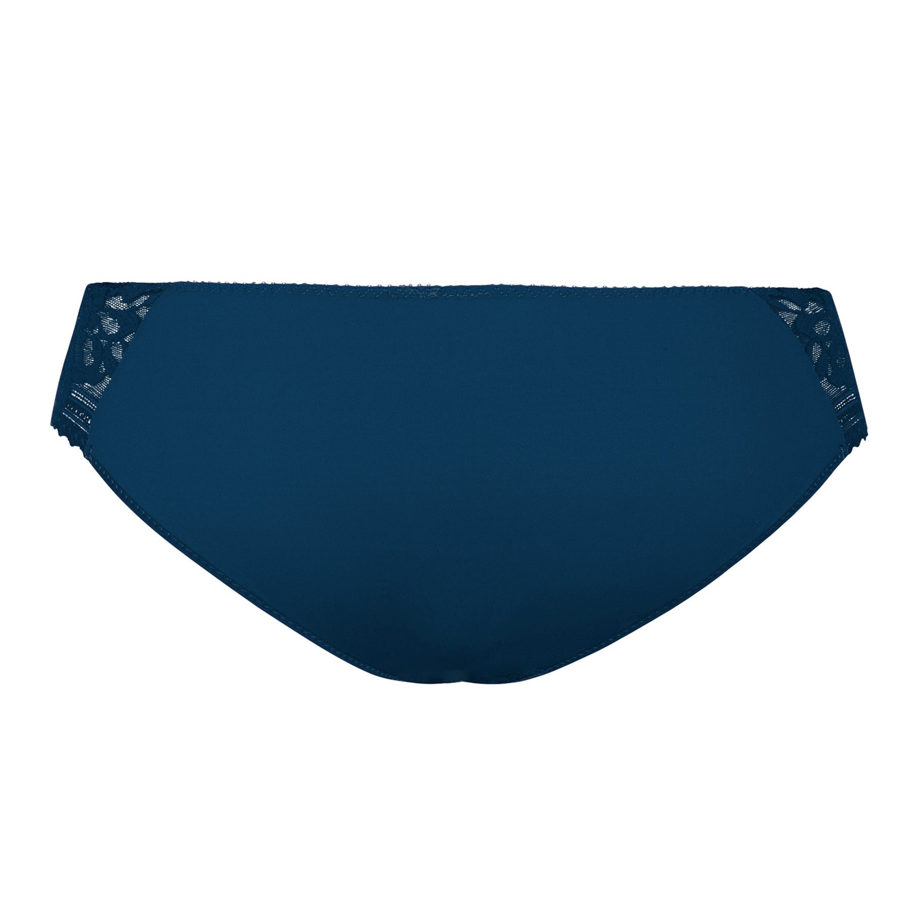 Back view of the teal blue lace brief laid flat, showing smooth opaque fabric with lace accents on the sides.
