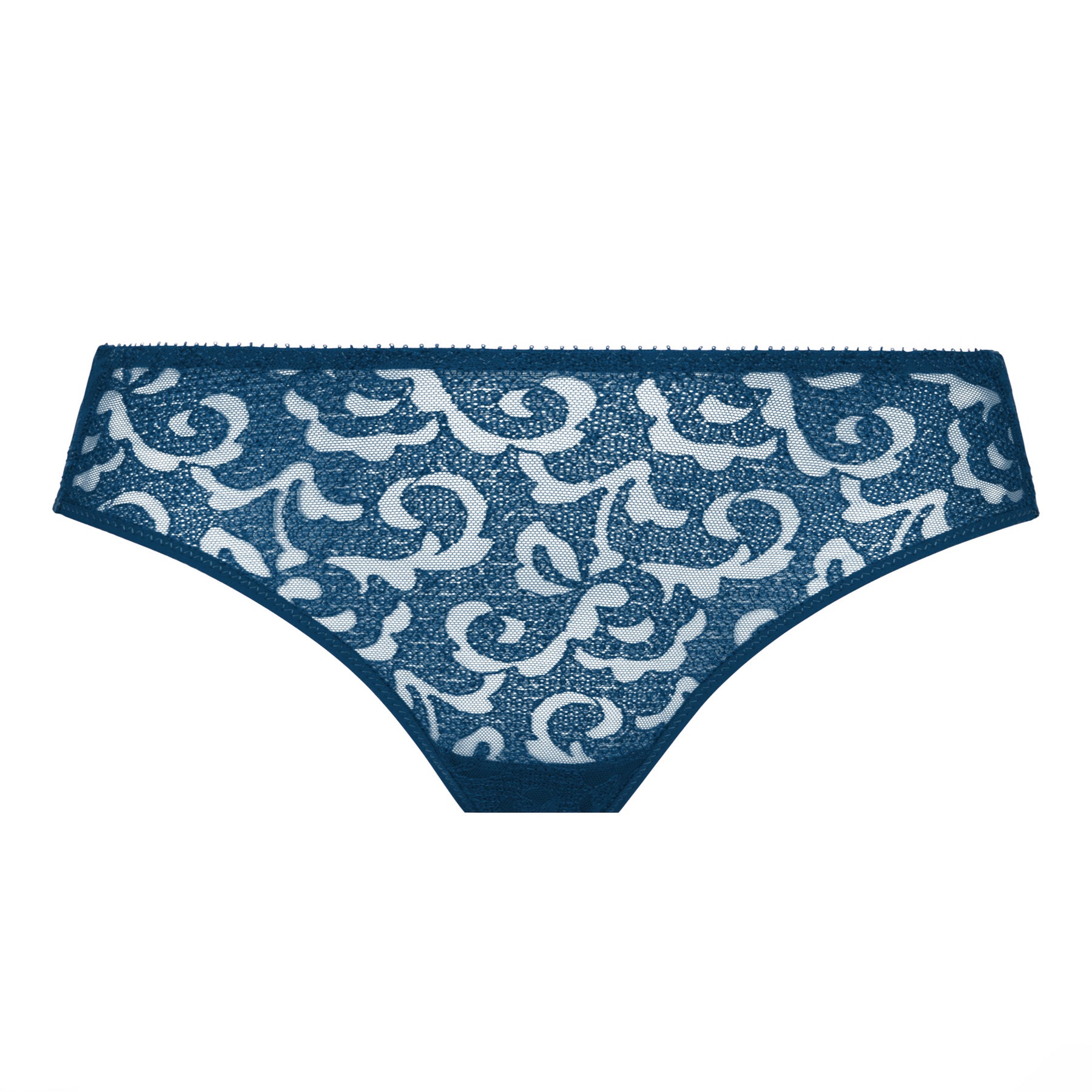 Flat front view of the Empreinte lace brief, highlighting the intricate sheer embroidery and scalloped edges.