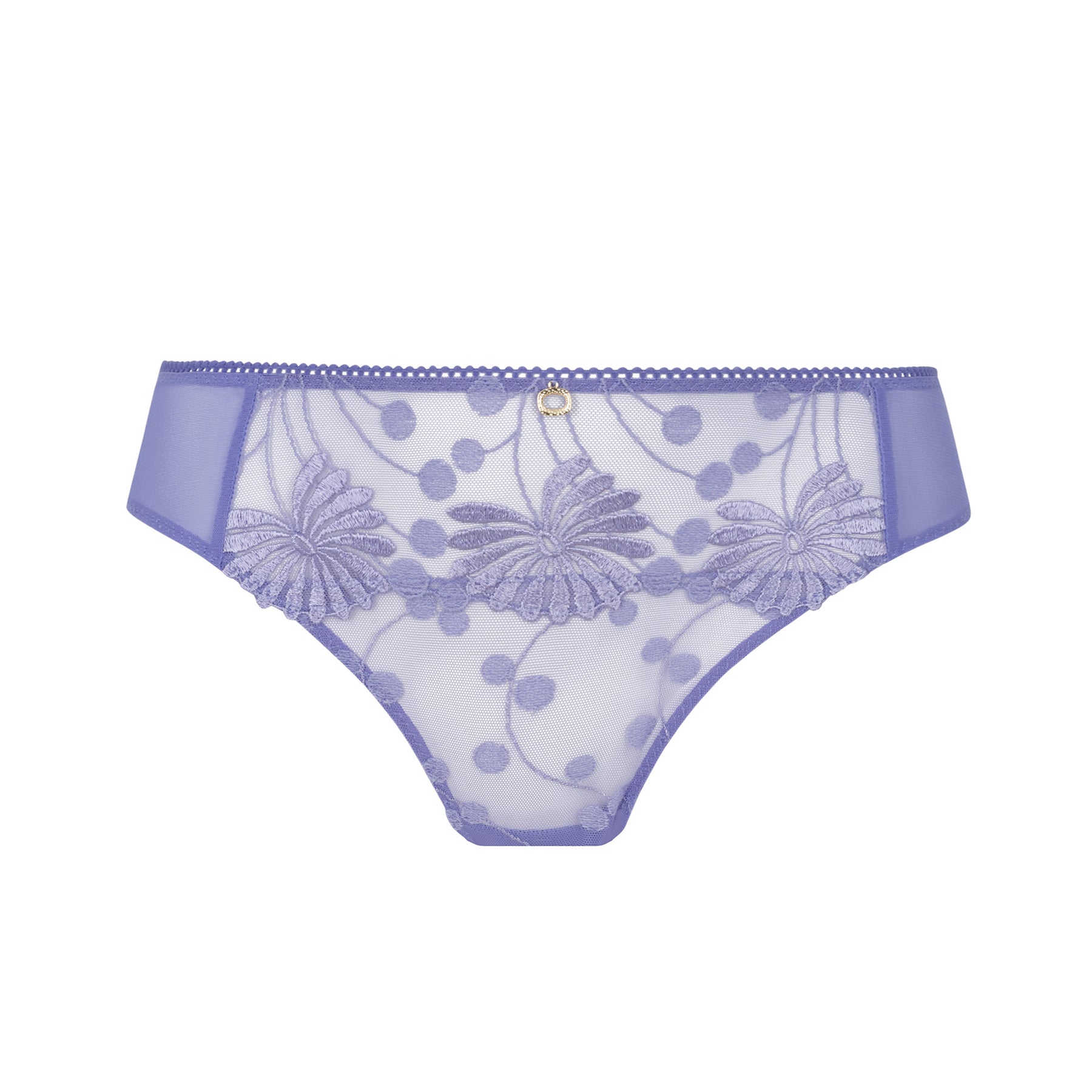 A lavender lace panty with intricate floral embroidery and a delicate charm at the waistband, featuring sheer mesh fabric.