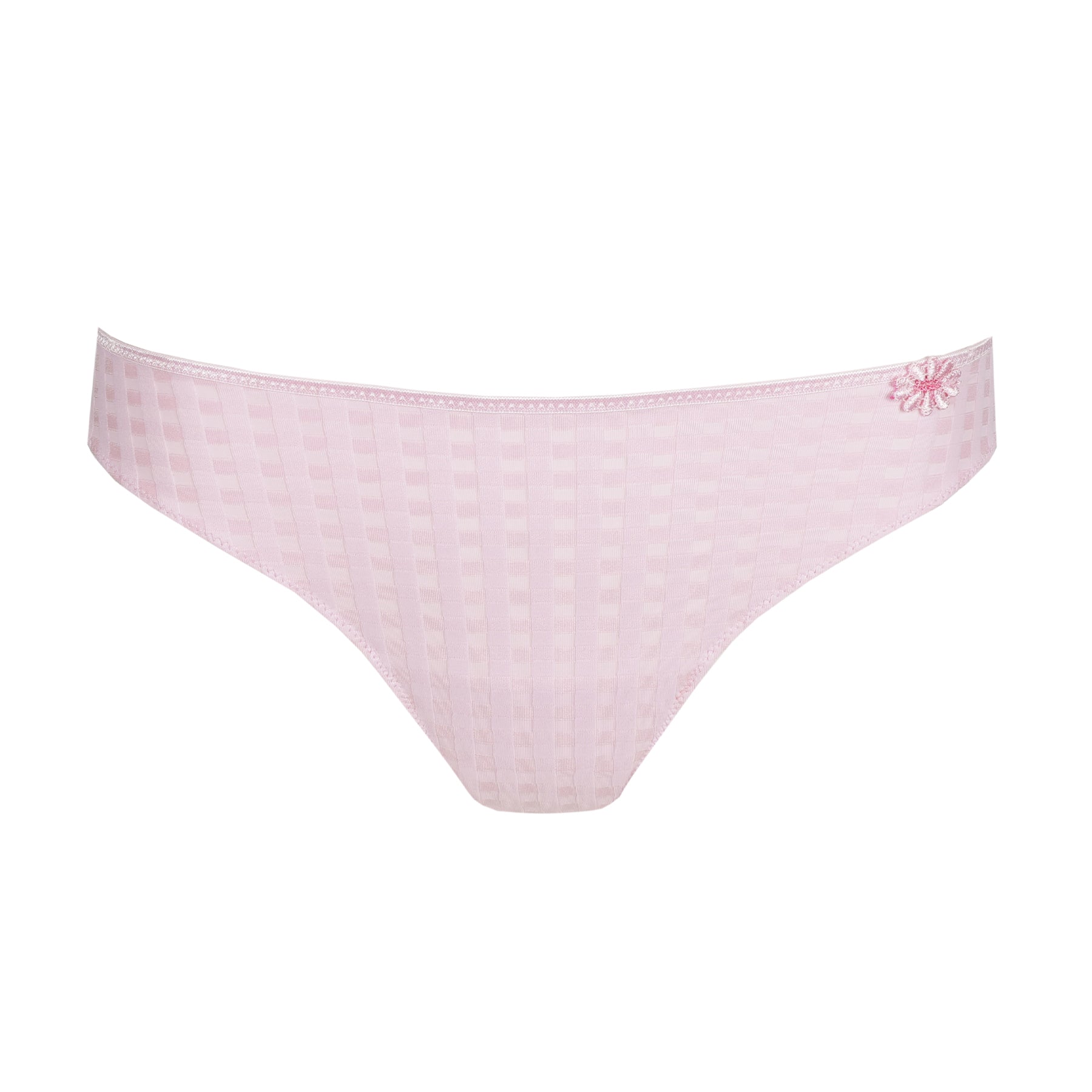 Product image of a light pink thong with textured fabric and small pink floral appliqué detail on the waistband.