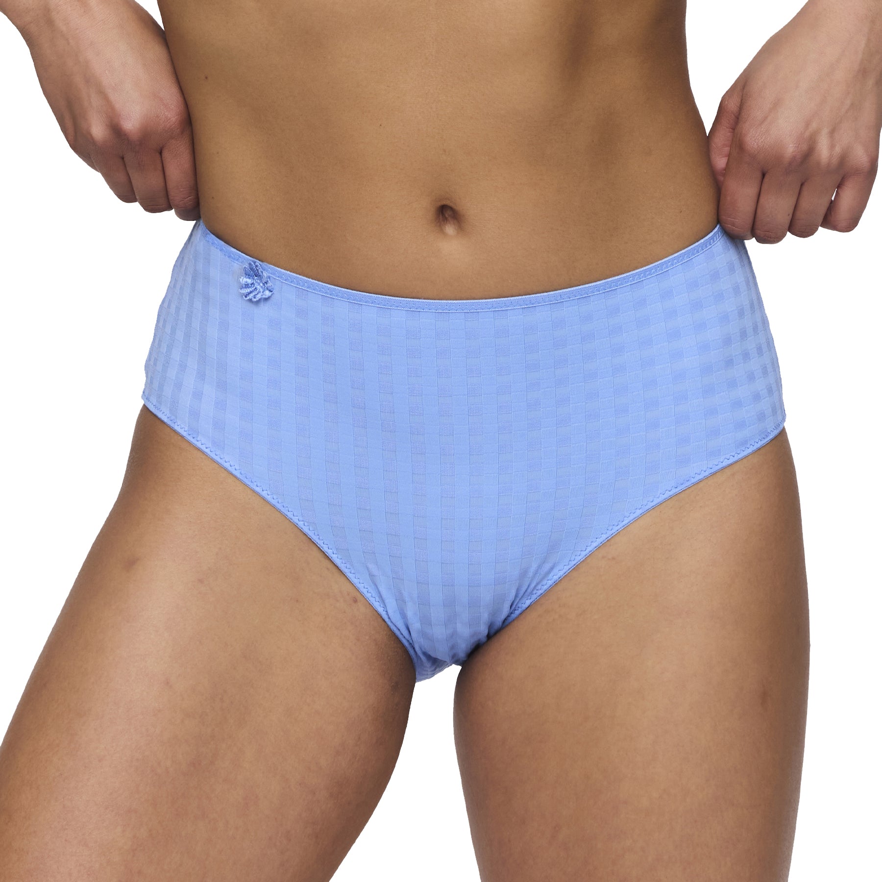 A close look at the front view of blue checked full brief.