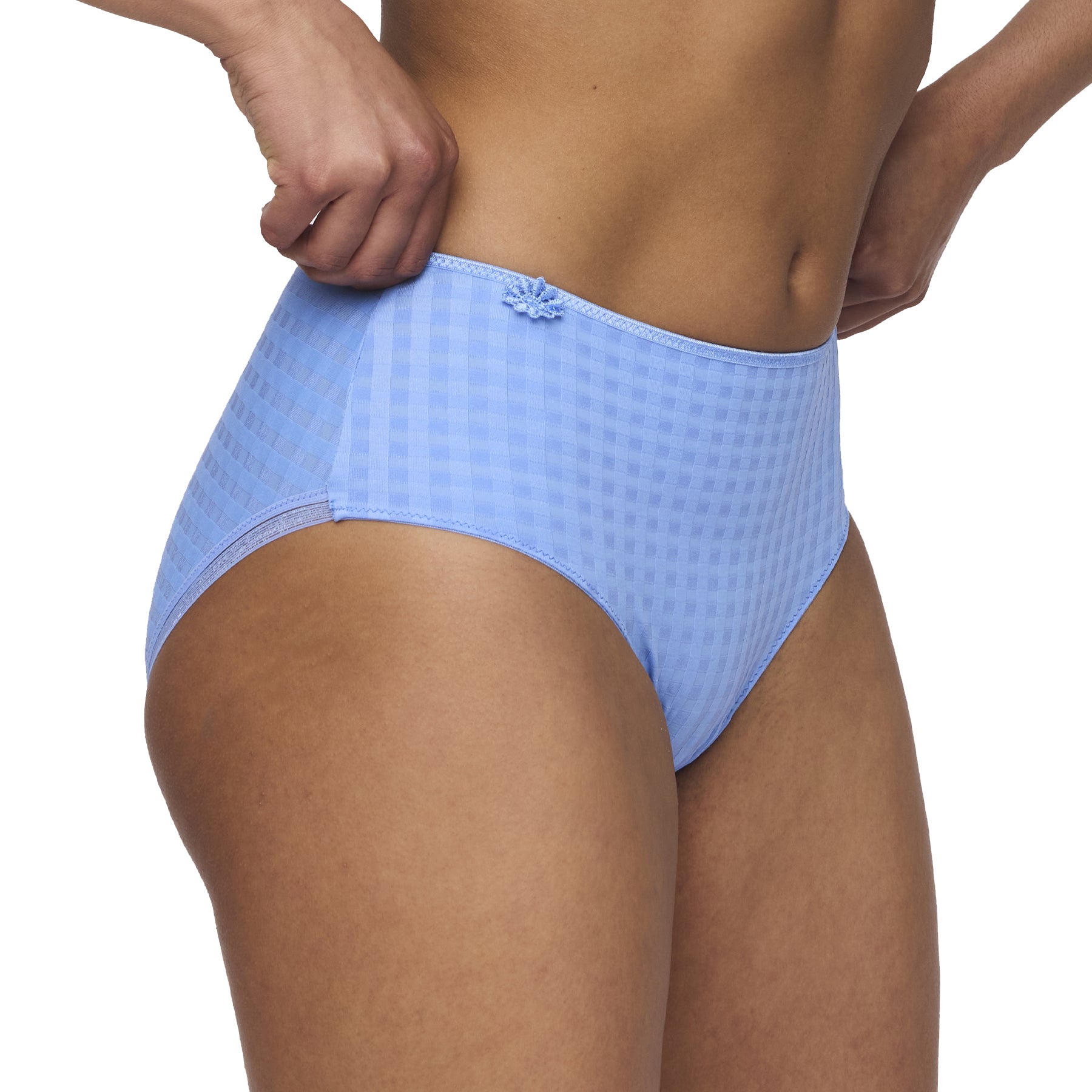 A close look at the side view of blue checked full brief.