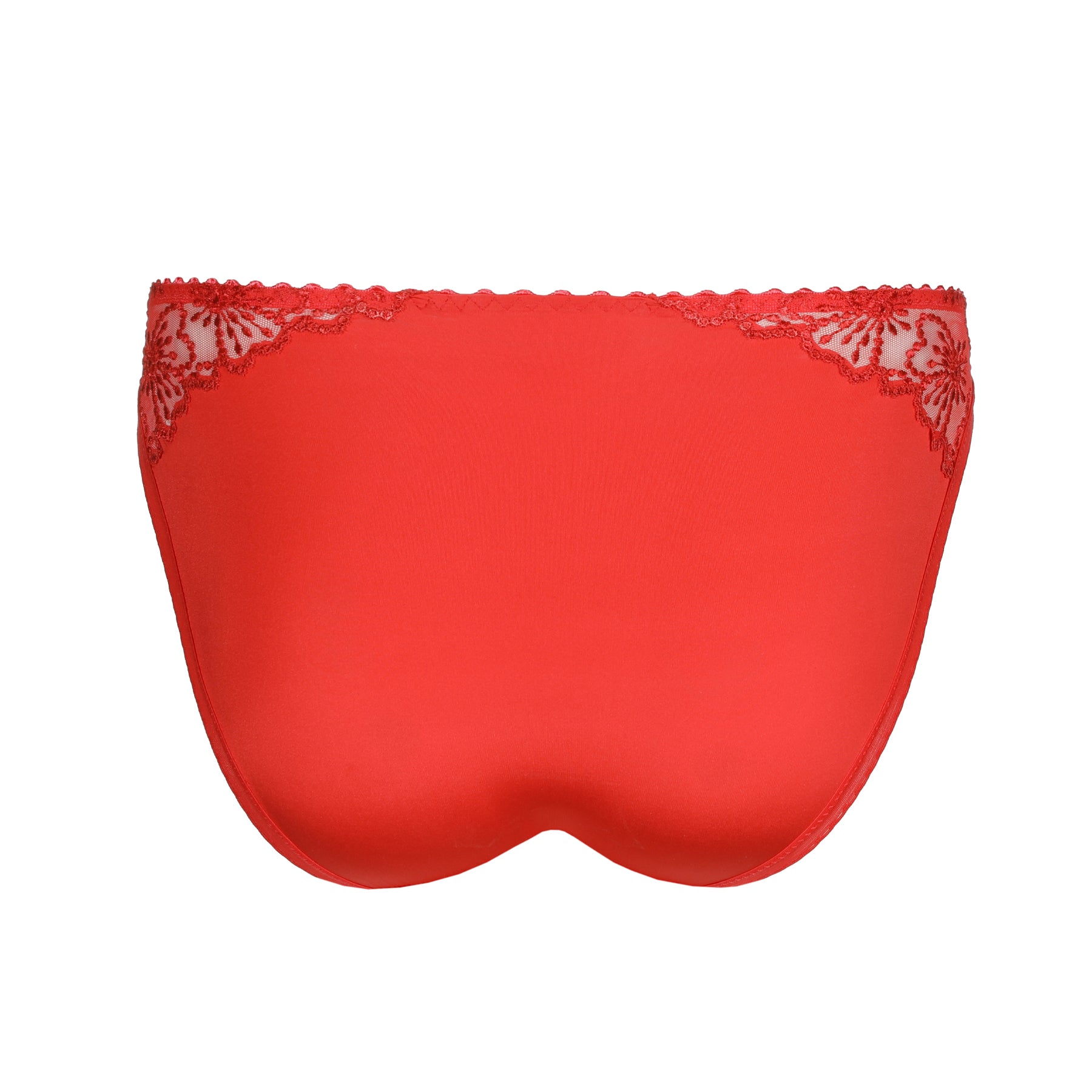 Back view of red lace-trimmed bikini panty with sheer embroidered detail at the top corners.