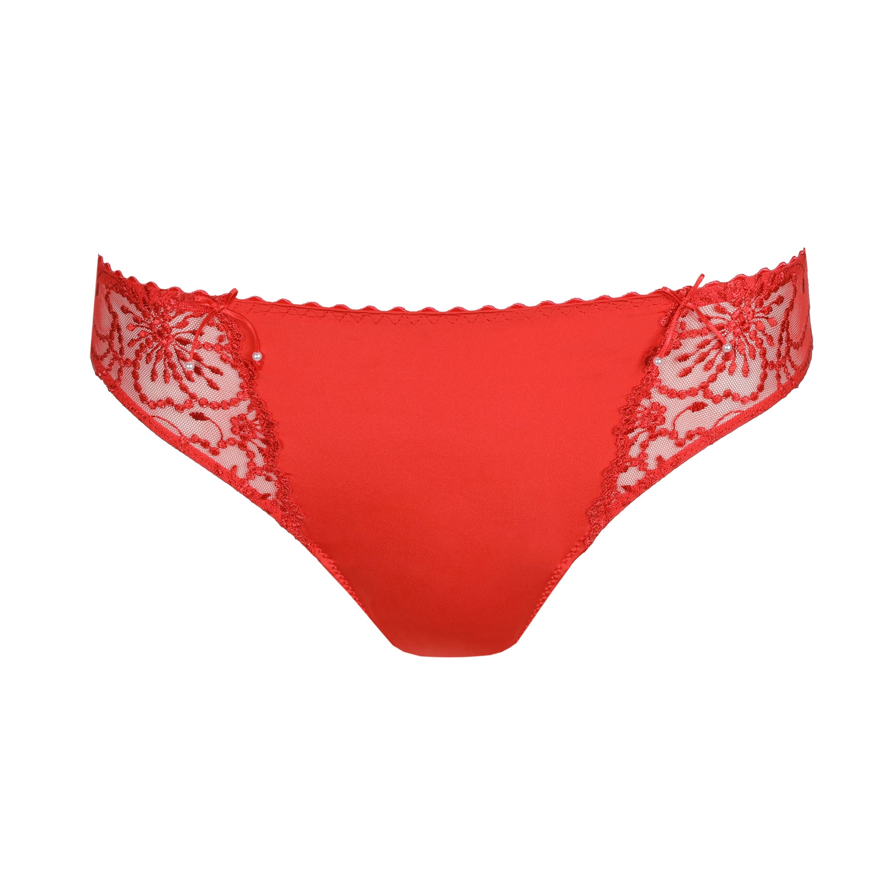 Flat lay front view of red bikini panty with floral lace embroidery and bow accents on each hip.