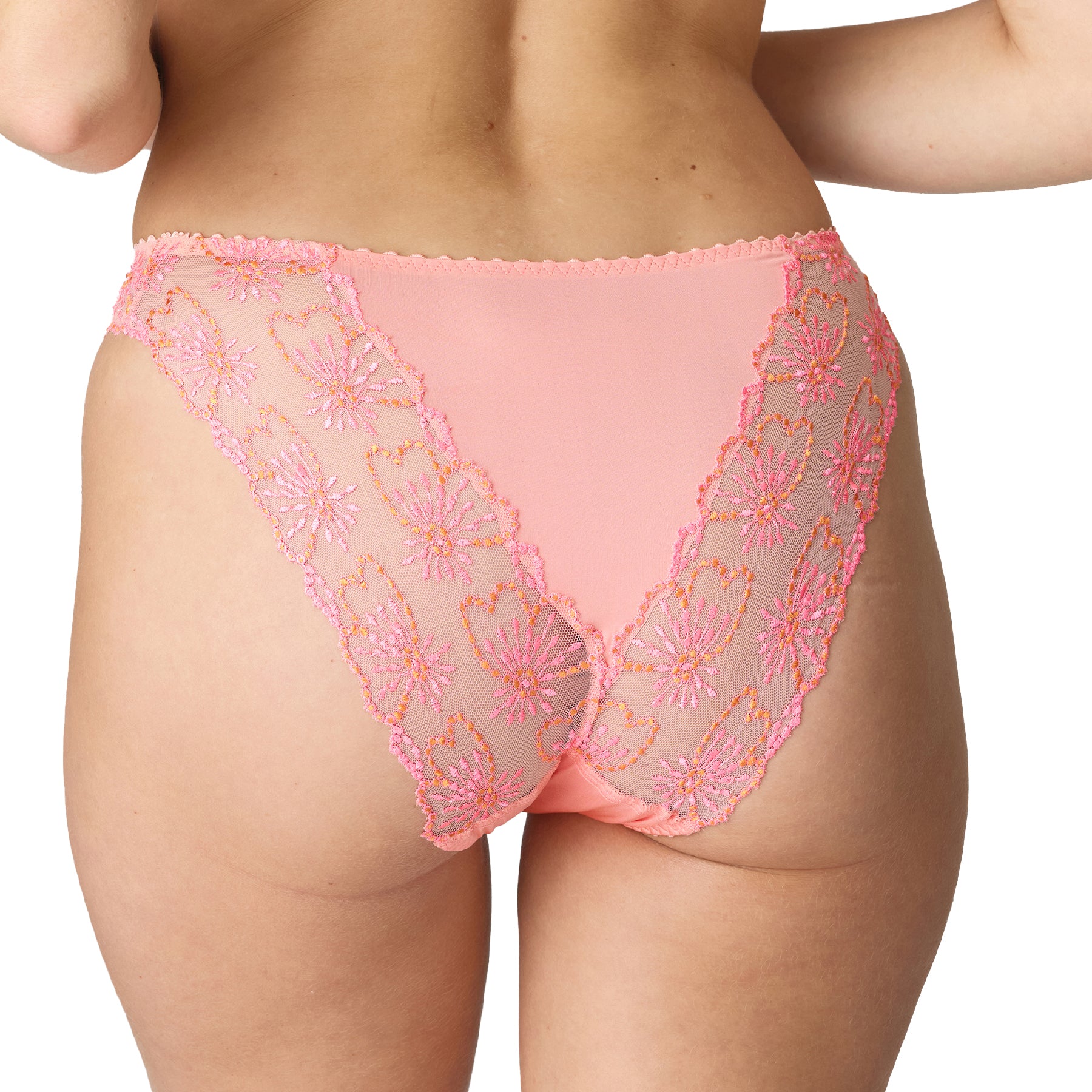 A model showing italian brief n peachy pink and floral embroidery, back view.