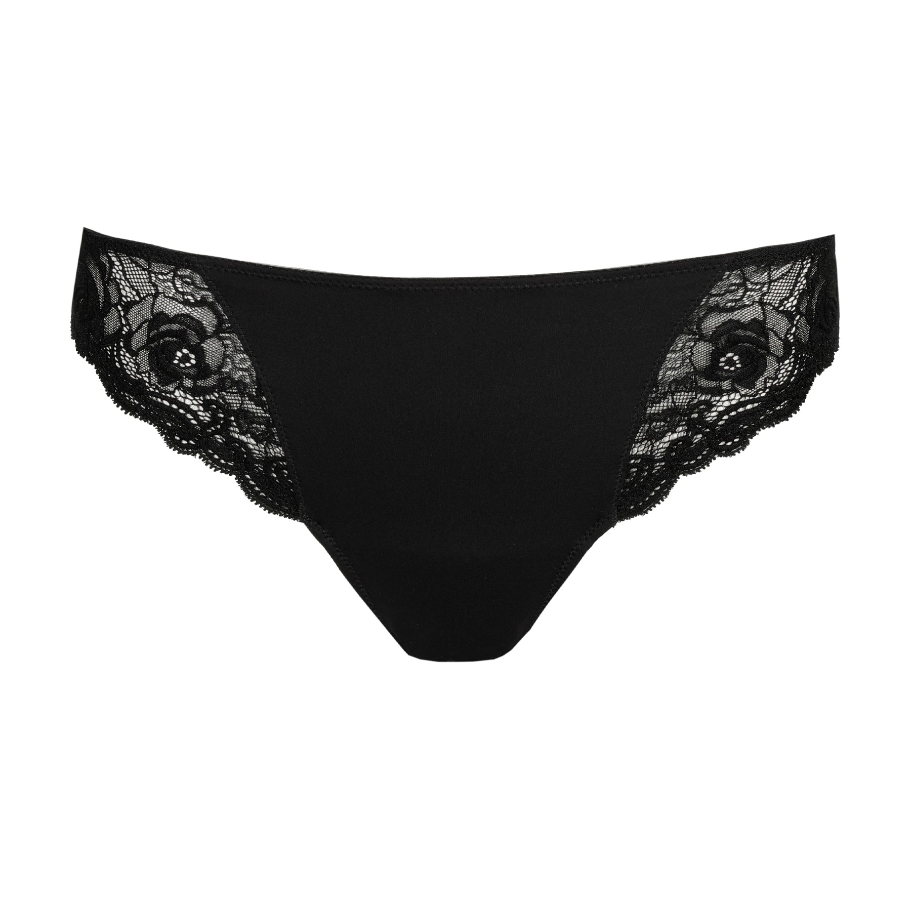 Front product shot of a black bikini brief featuring smooth fabric and lace side panels.