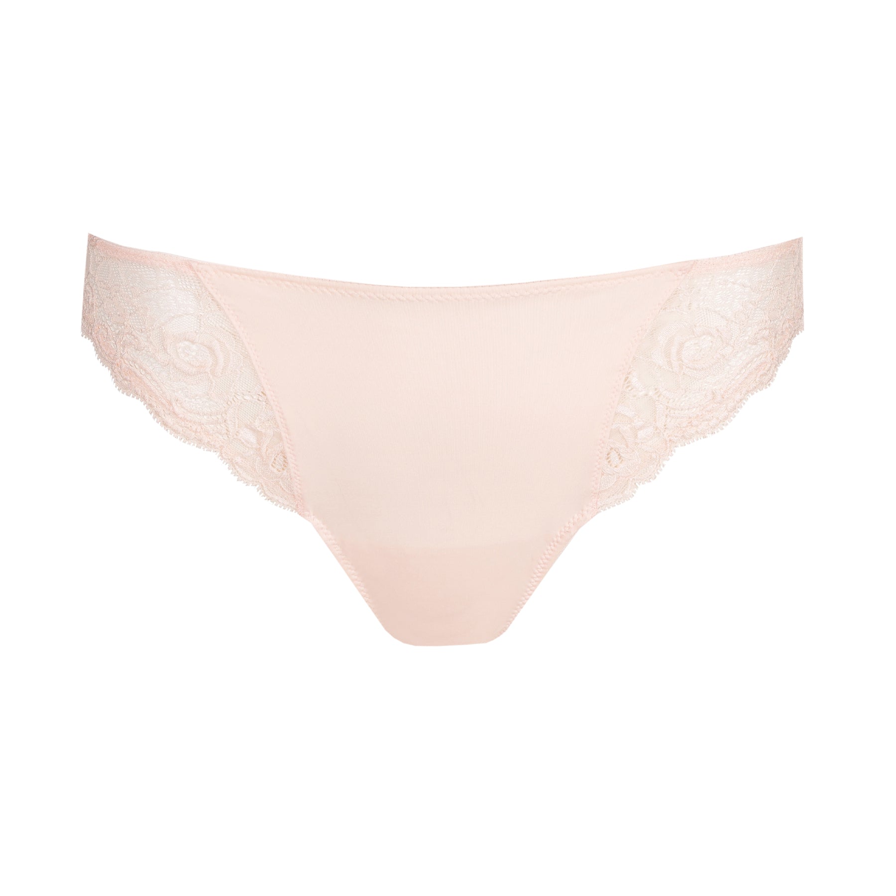 Flat lay front view of a pale pink bikini brief with lace side panels.