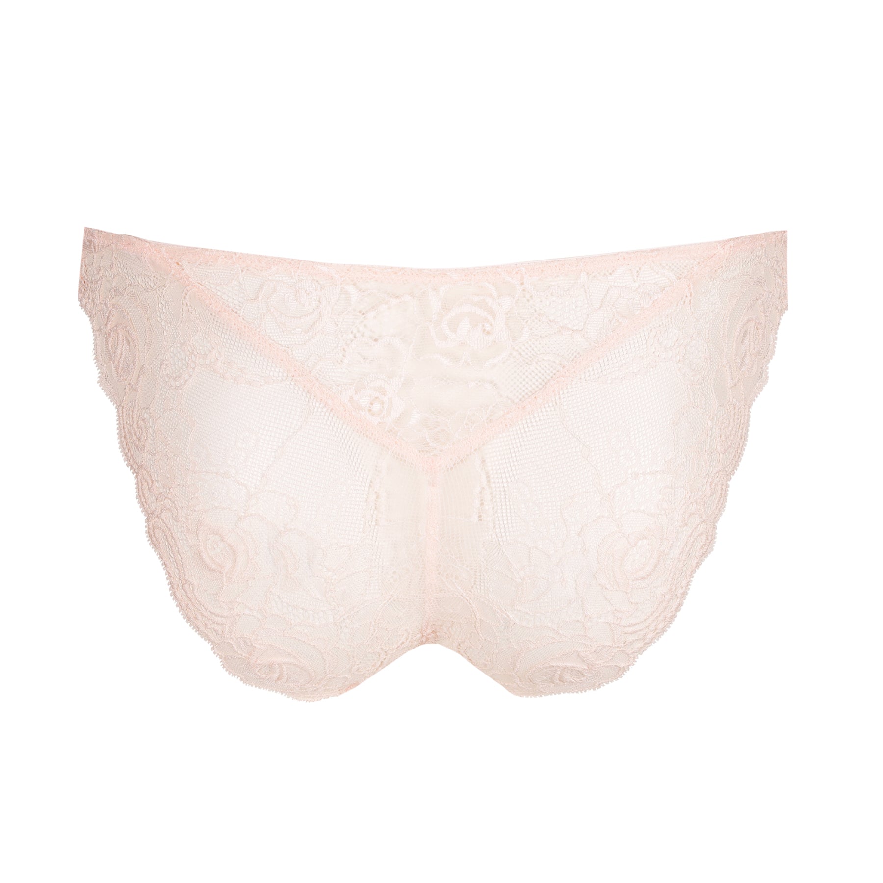 Flat lay back view of the bikini brief featuring full sheer floral lace.