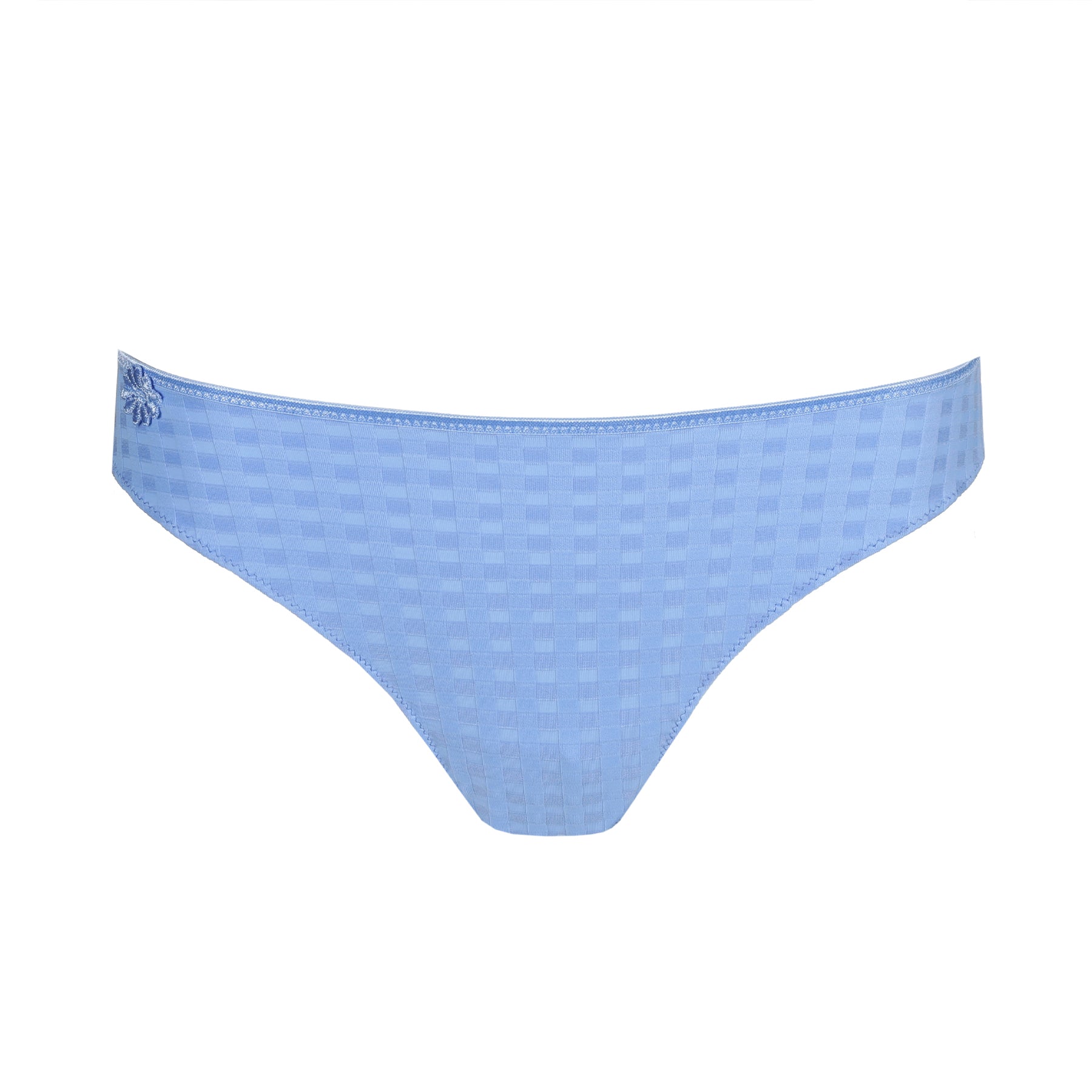 A flat layout of a blue checked marie jo rio brief.