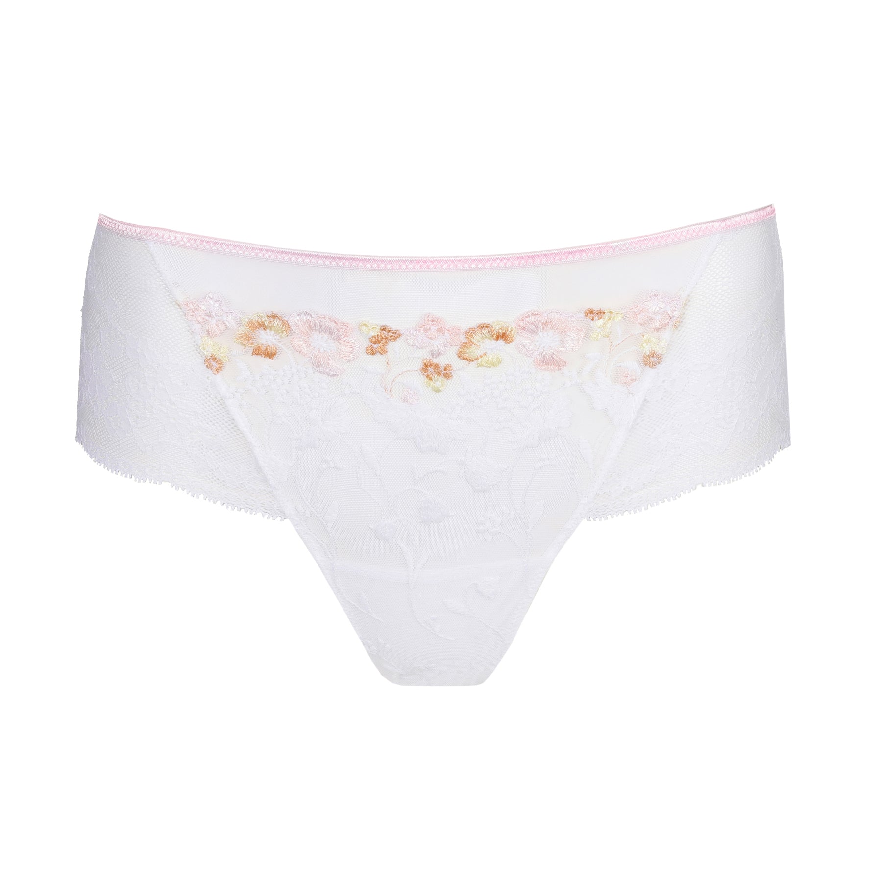 Flat-lay product image of a white lace panty with delicate pastel floral embroidery along the top, featuring sheer lace panels and a soft pink trim.