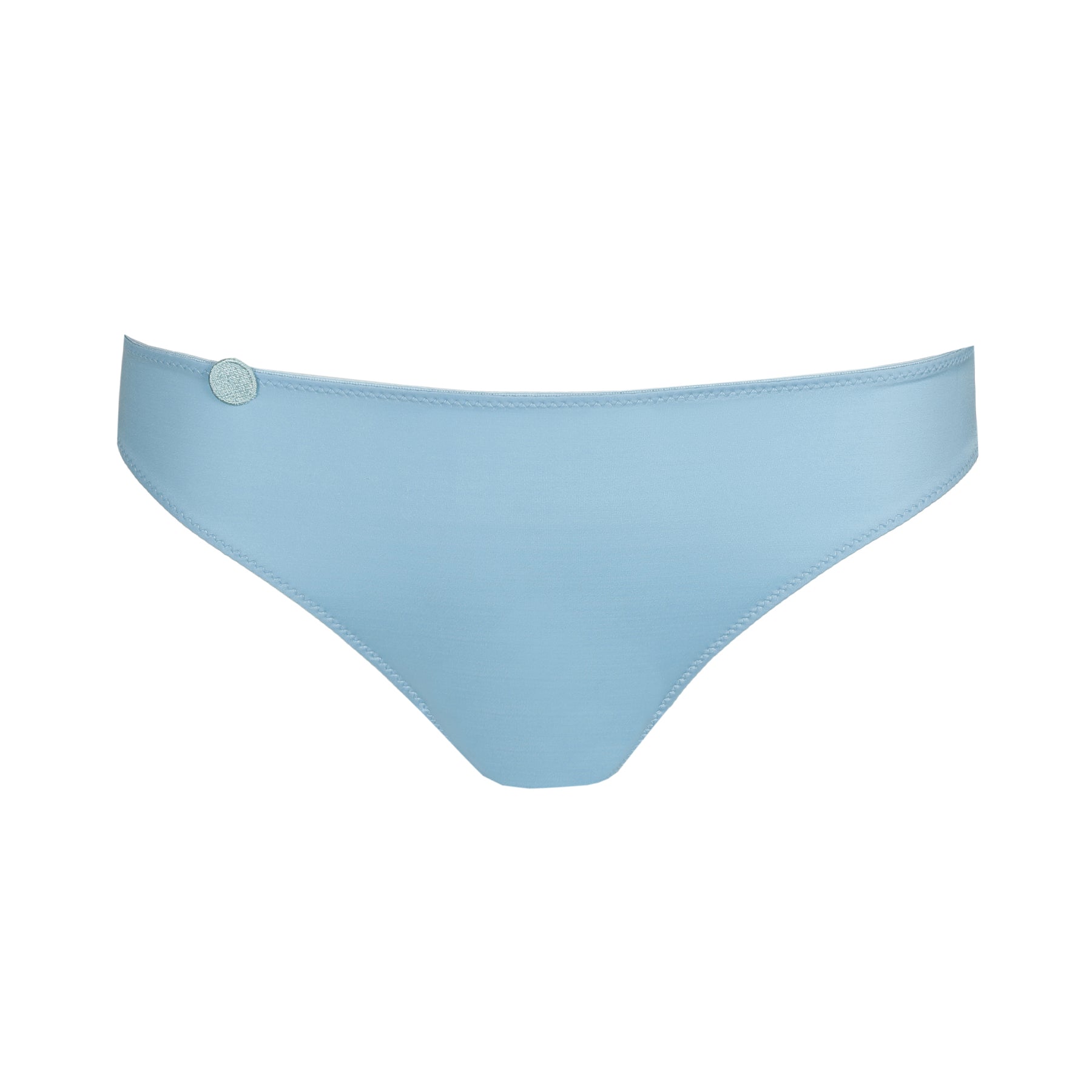 Product image of a light blue bikini panty with smooth, satin-like finish and small round detail on the waistband.