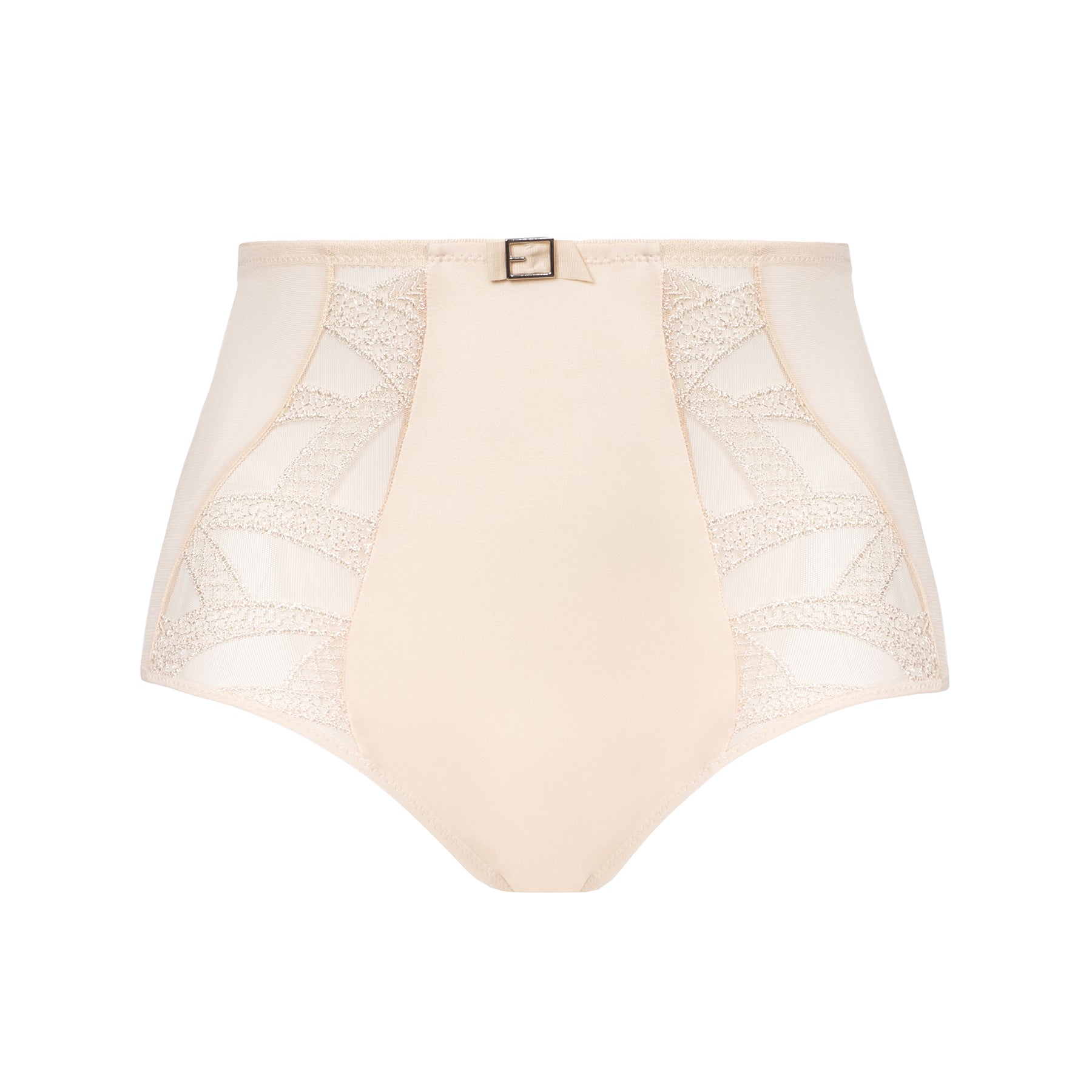 A front-facing product shot of a high-waisted nude panty with lace and mesh panels arranged in a geometric pattern.