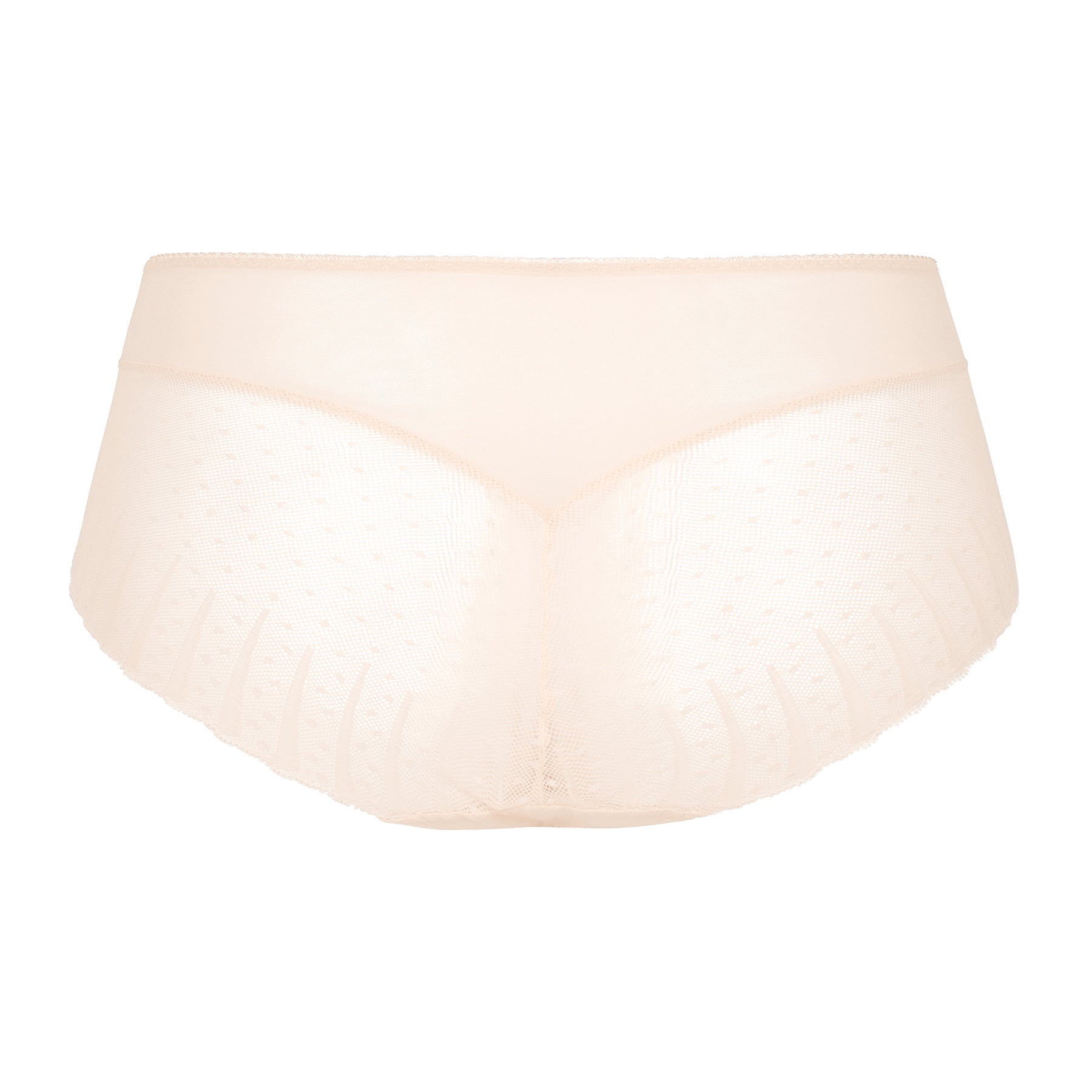 Front view of high-waisted brief in nacre beige with sheer floral embroidery and central satin bow.