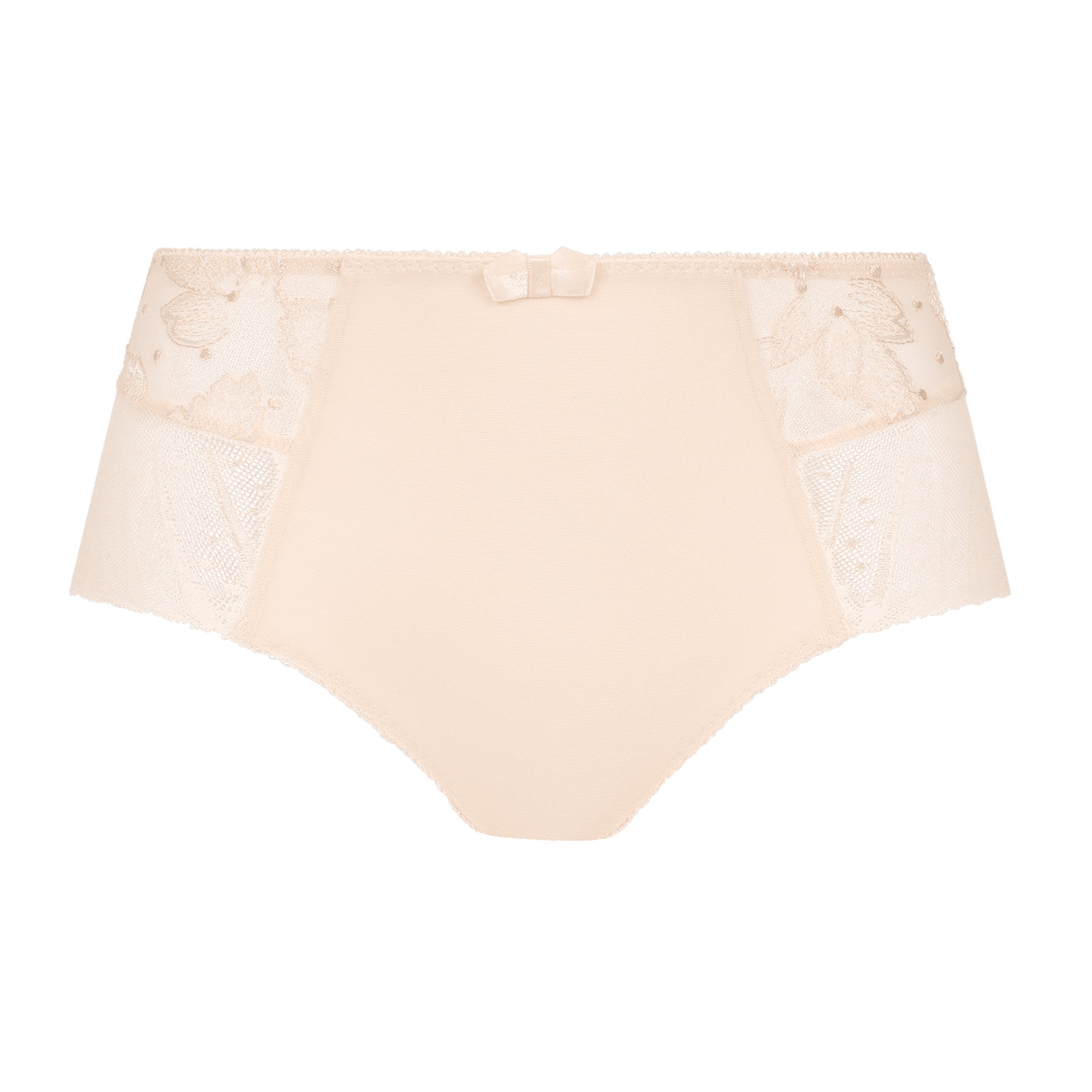 Side angle of the nacre beige brief highlighting lace trim and embroidered side panels.