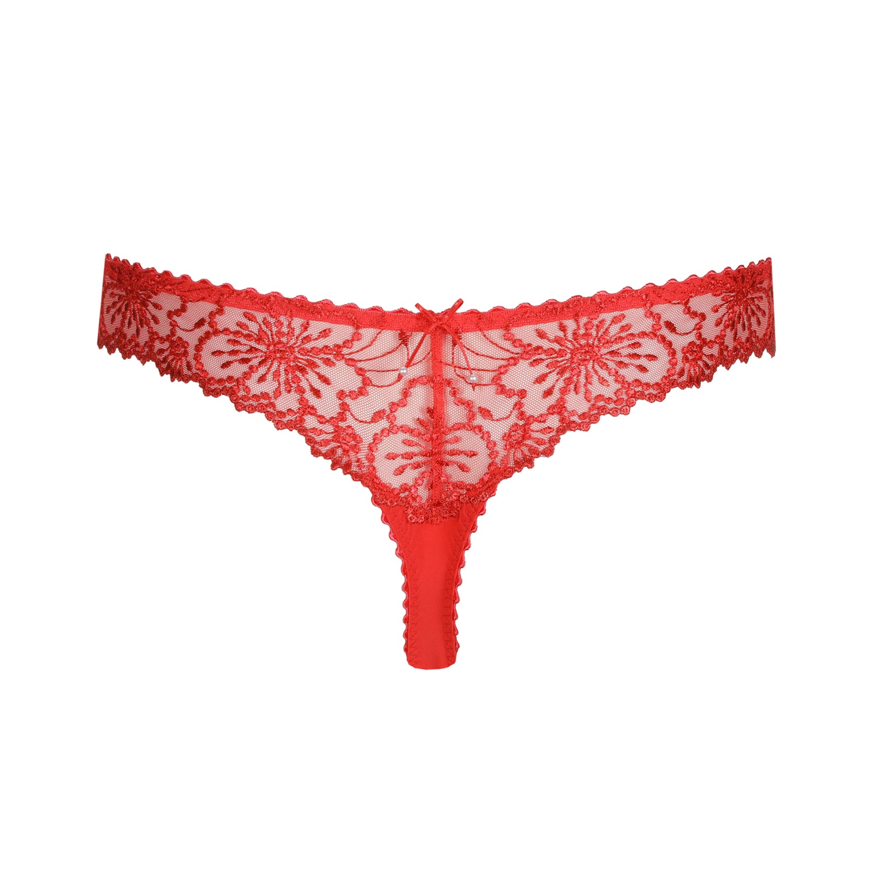 Back view of red lace thong with floral embroidery and scalloped waistband.