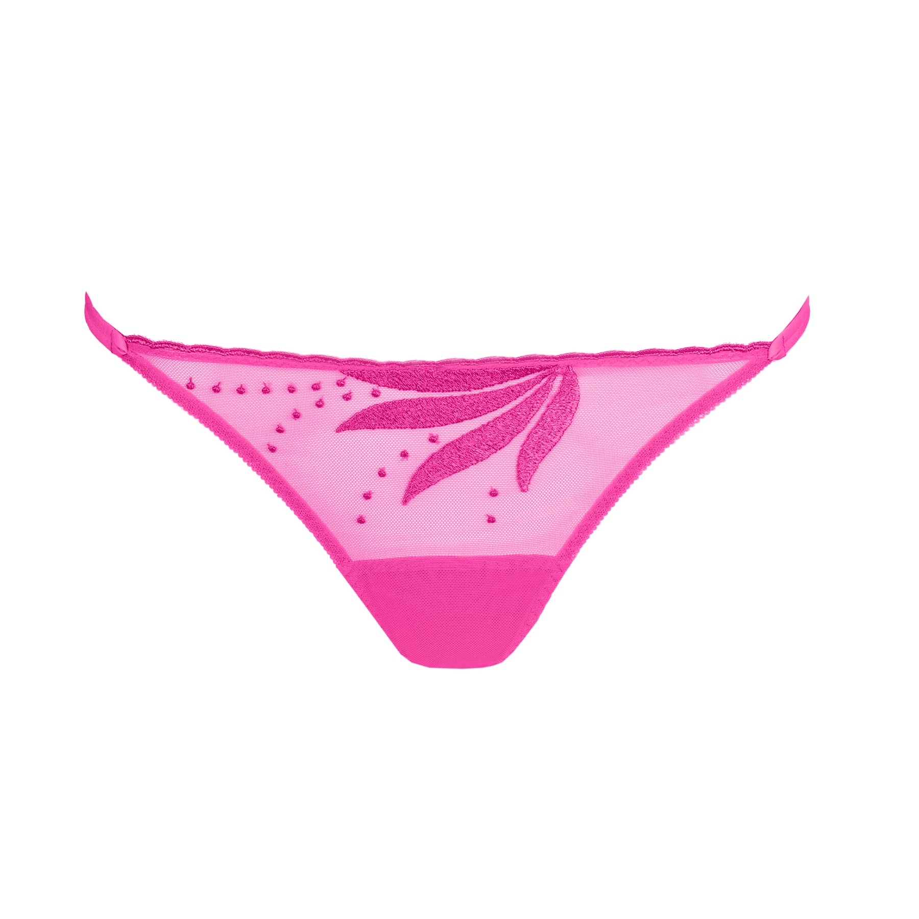 Fuchsia Marie Jo Étoile thong with bold floral embroidery on sheer mesh.