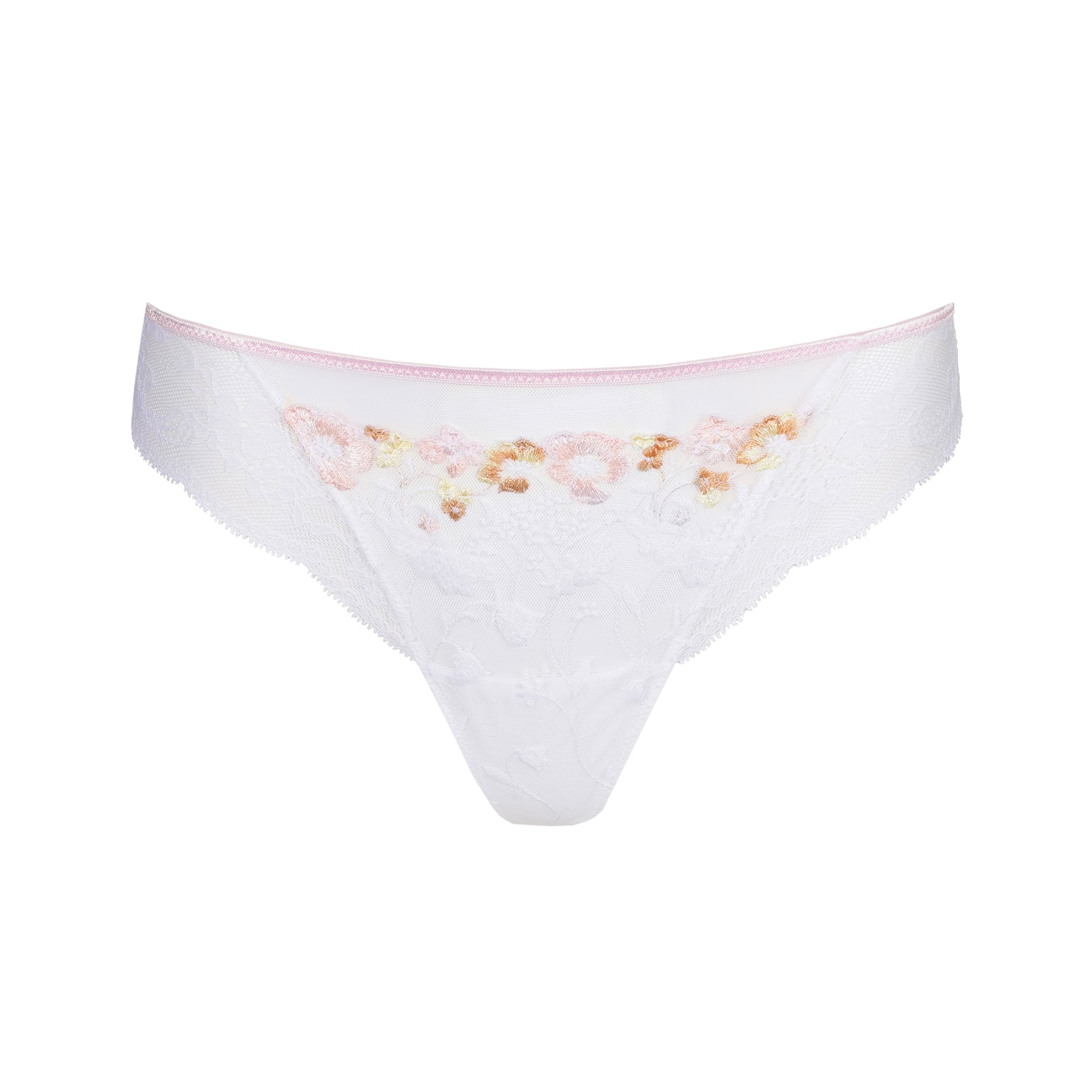 Flat-lay product image of a white lace thong with pastel floral embroidery along the waistband, featuring a soft pink trim and scalloped lace edges.